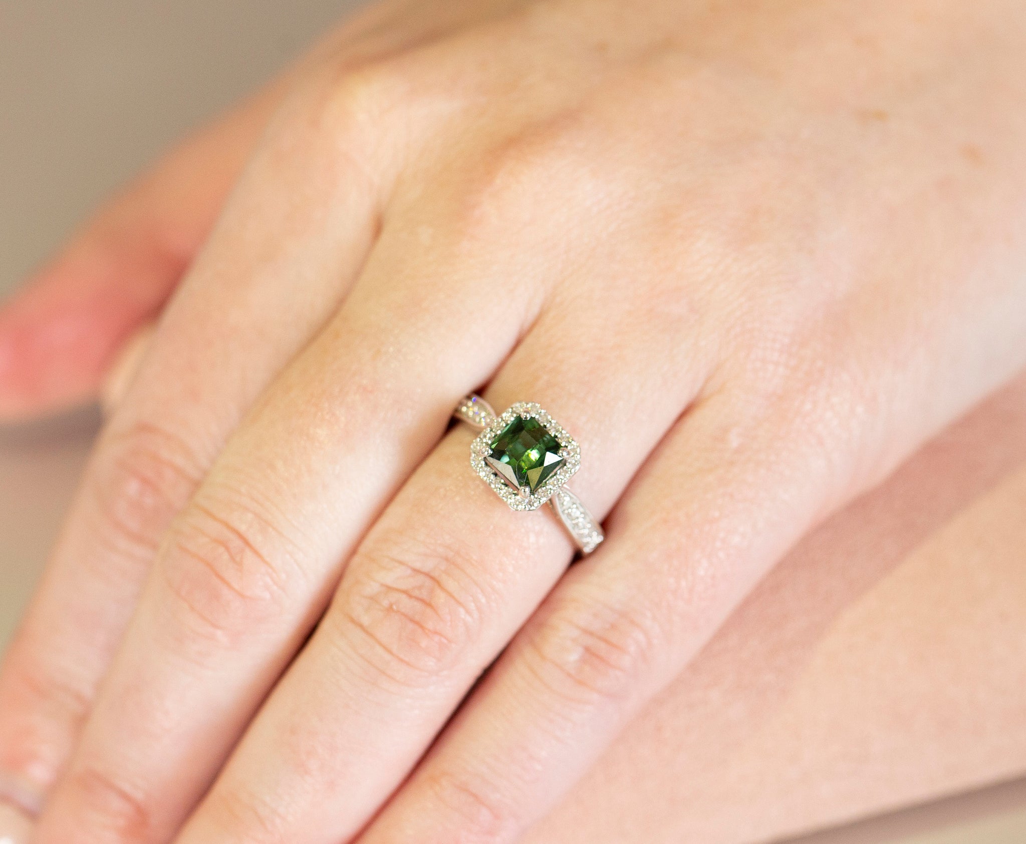 Brazilian Green Tourmaline and Diamond Halo Ring Size 7.25