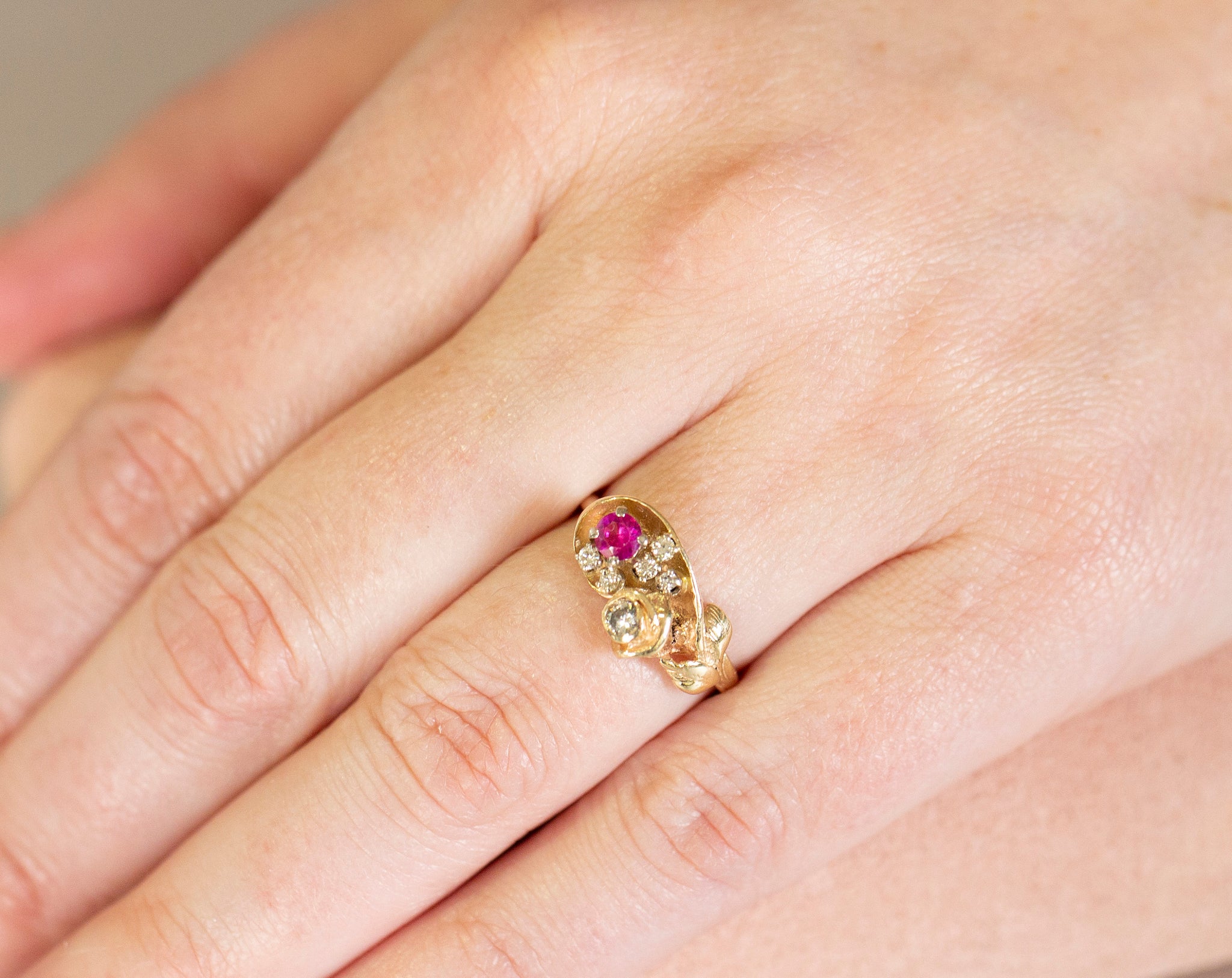 Sweet Vintage Ruby and Diamond Rose Ring in 14k Size 6