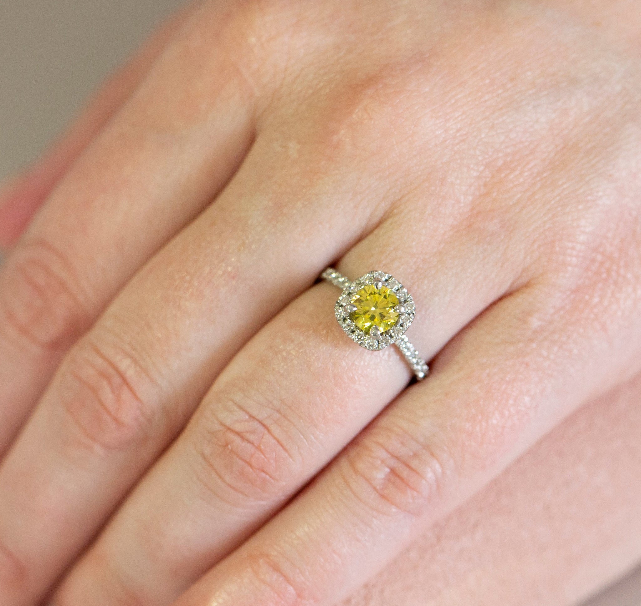 Bright 1.25ctw Yellow Diamond Halo Platinum Engagement Ring Size 5.25