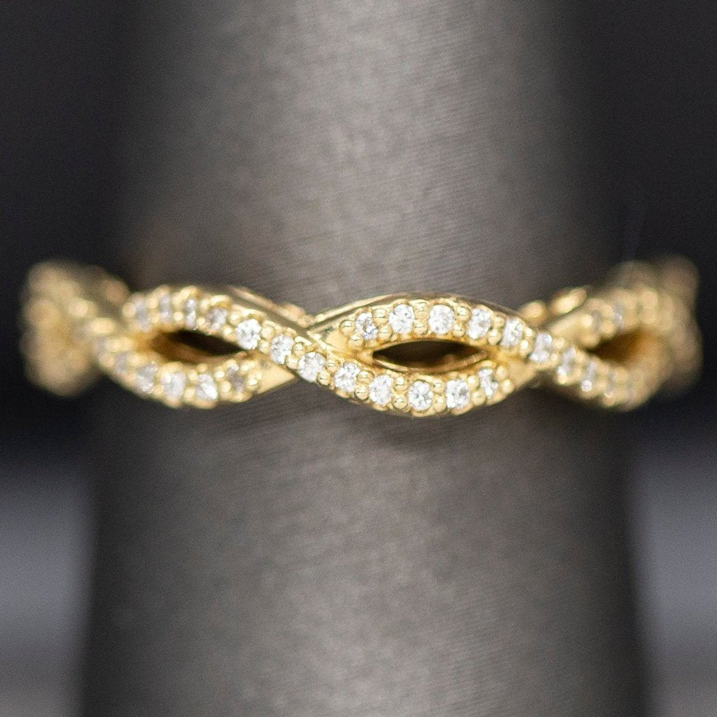 Diamond Infinity Wedding Band Ring 14k Yellow Gold, Cross Over Wedding Band, Diamond Filigree Ring, Scroll, Pierced, Stackable Twist Ring