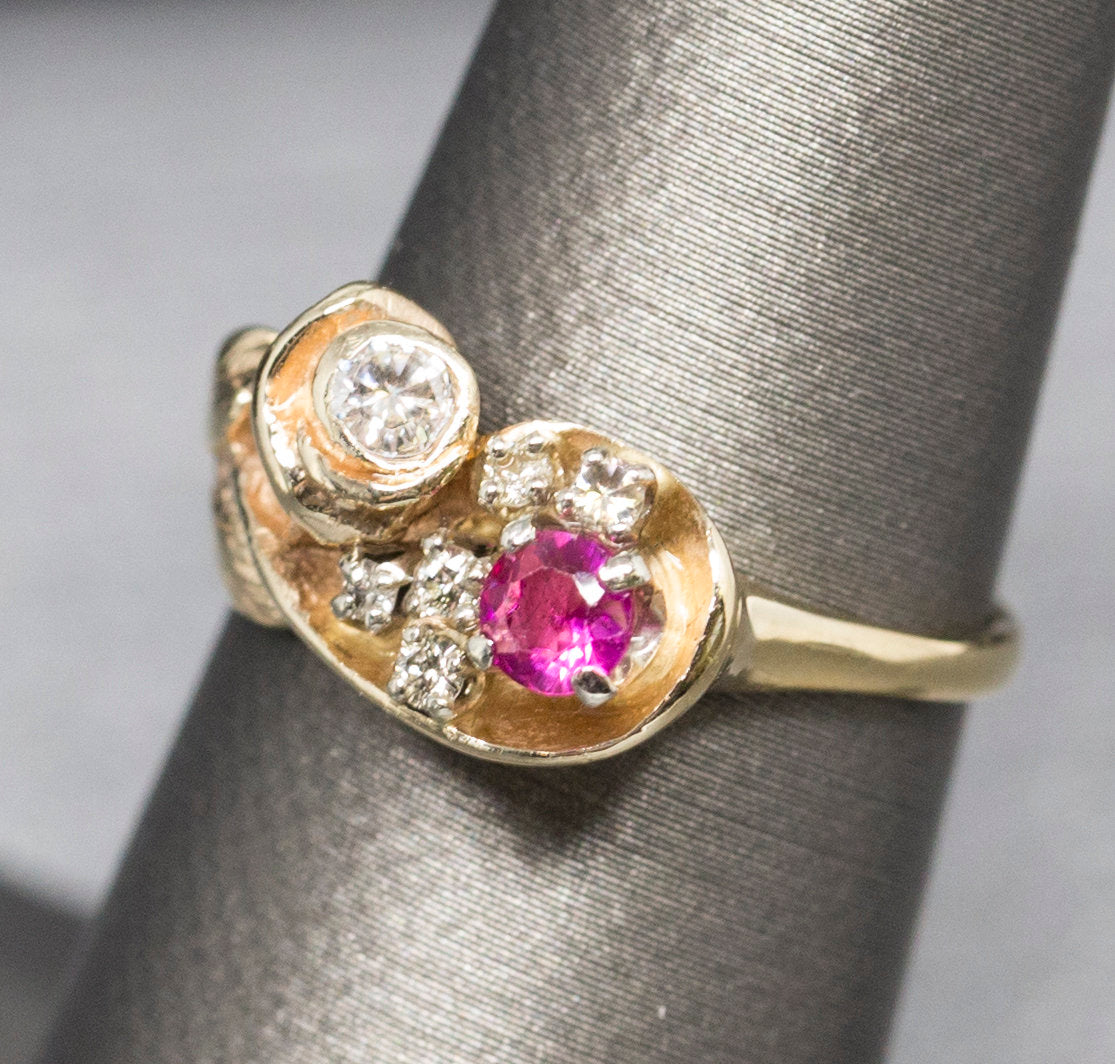 Sweet Vintage Ruby and Diamond Rose Ring in 14k Size 6