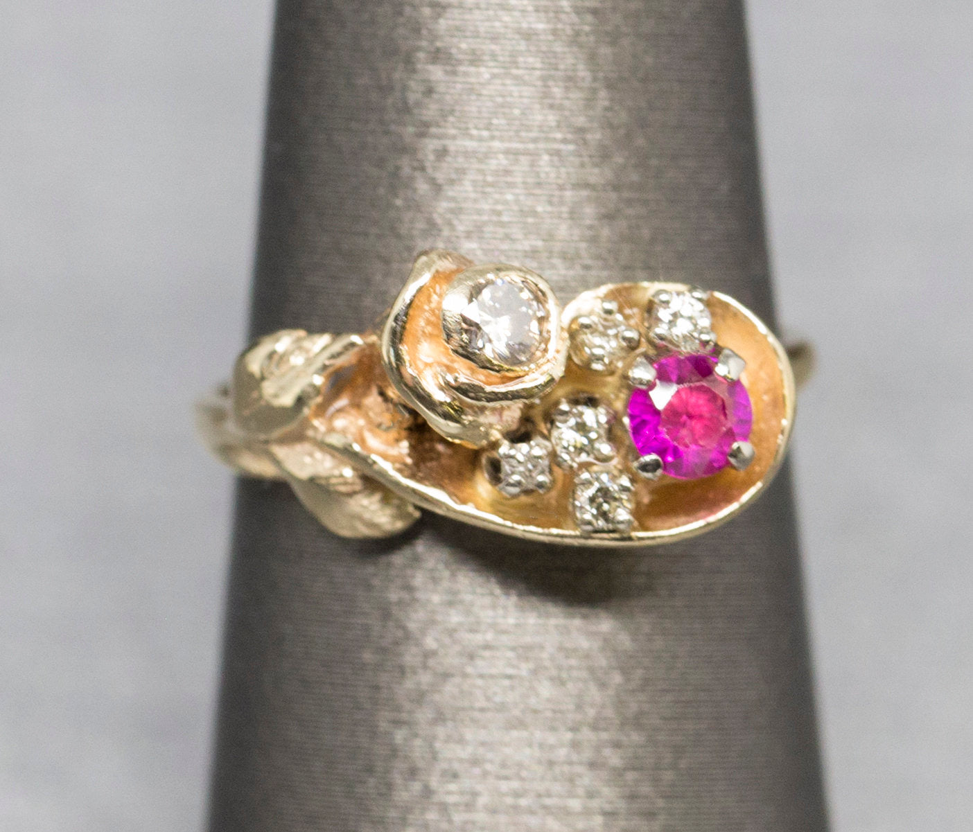 Sweet Vintage Ruby and Diamond Rose Ring in 14k Size 6