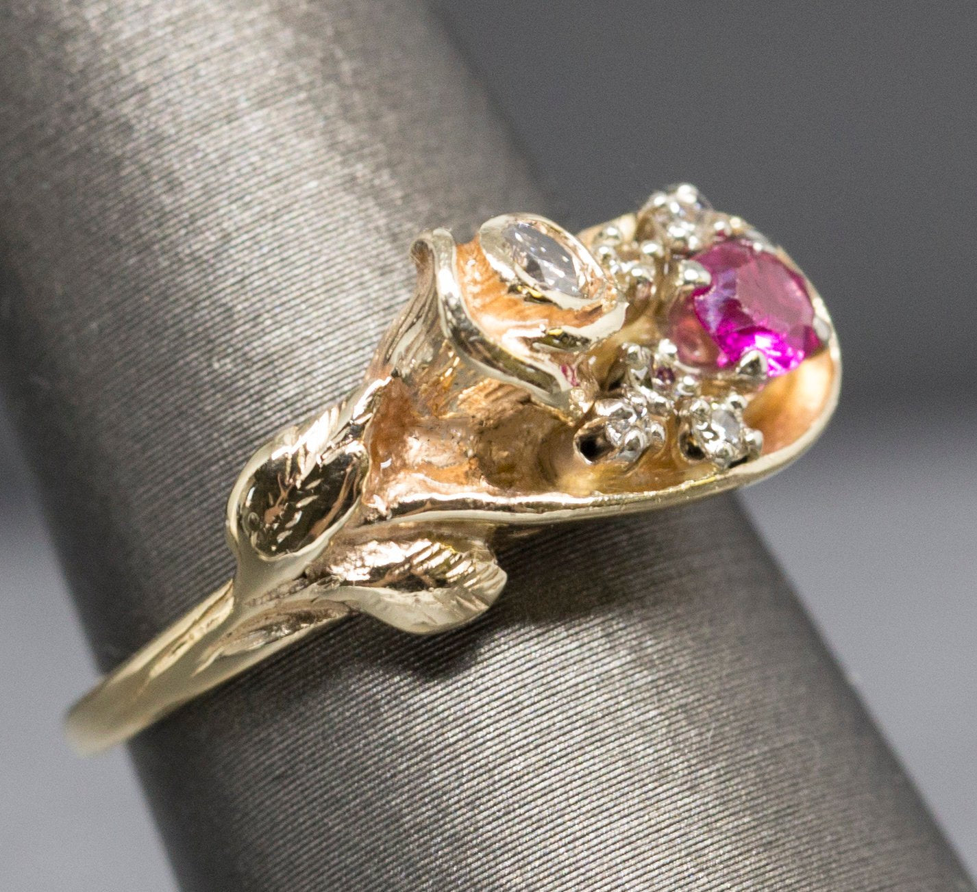 Sweet Vintage Ruby and Diamond Rose Ring in 14k Size 6