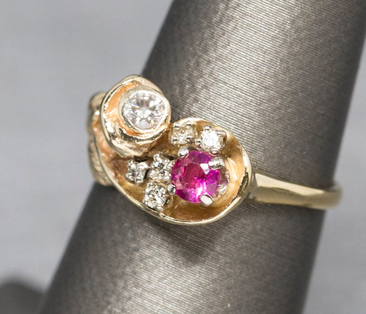 Sweet Vintage Ruby and Diamond Rose Ring in 14k Size 6