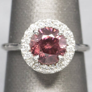 3.50ctw Rose Pink Red Zircon and Diamond Halo Ring, Zircon Engagement Ring, Red Zircon, December Birthstone, Alternative Engagement Ring