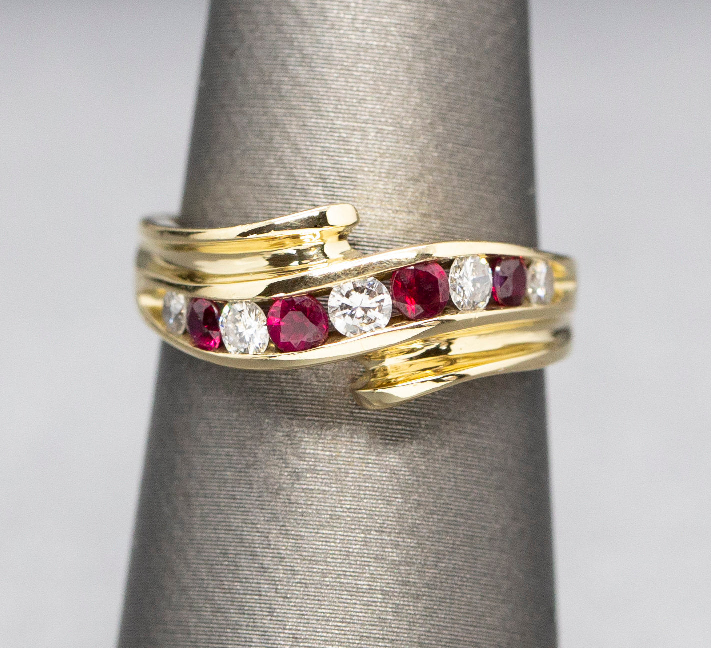 Natural Ruby and Diamond Channel Set Bypass Ring 18k Size 5.75