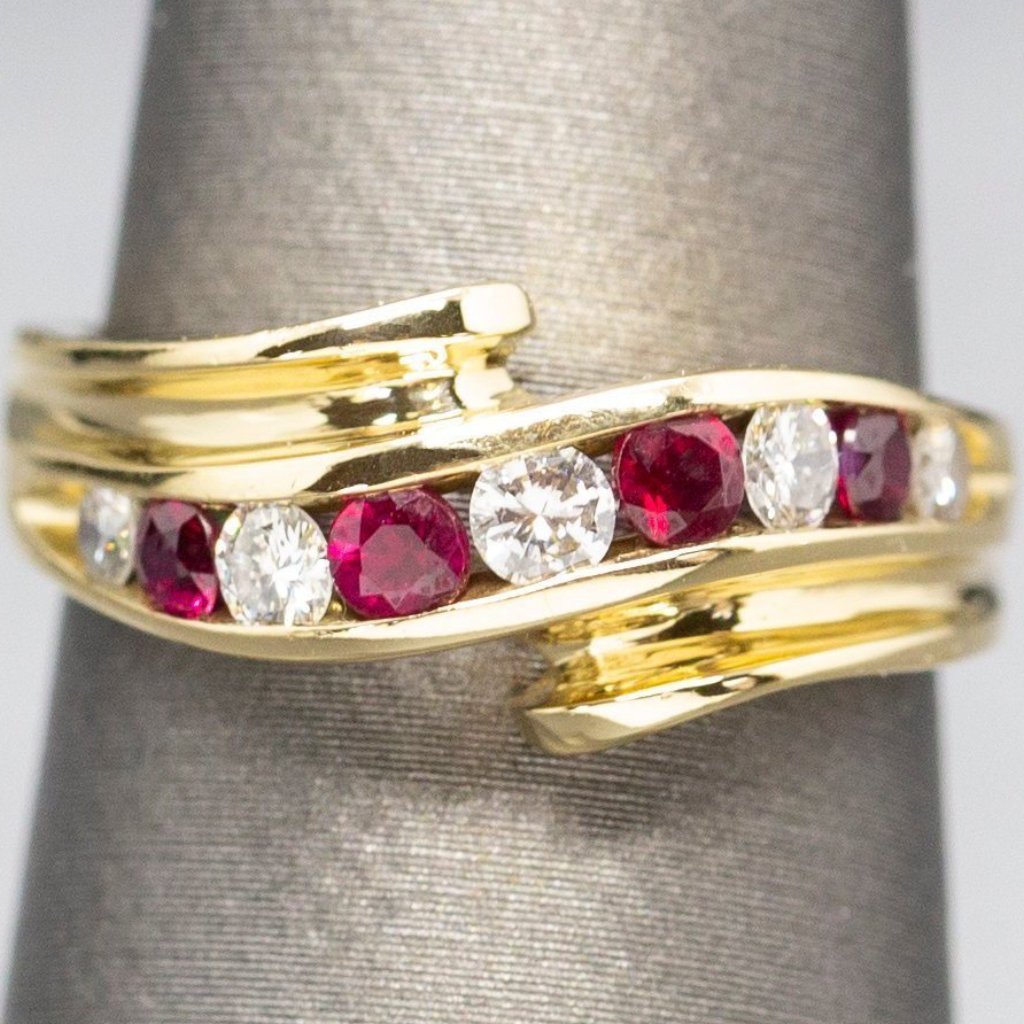 18k Ruby and Diamond Bypass Ring, Ruby and Diamond Band Ring, Anniversary Band, Birthstone Ring, July Birthstone, Solid 18k Band Ring, Ruby