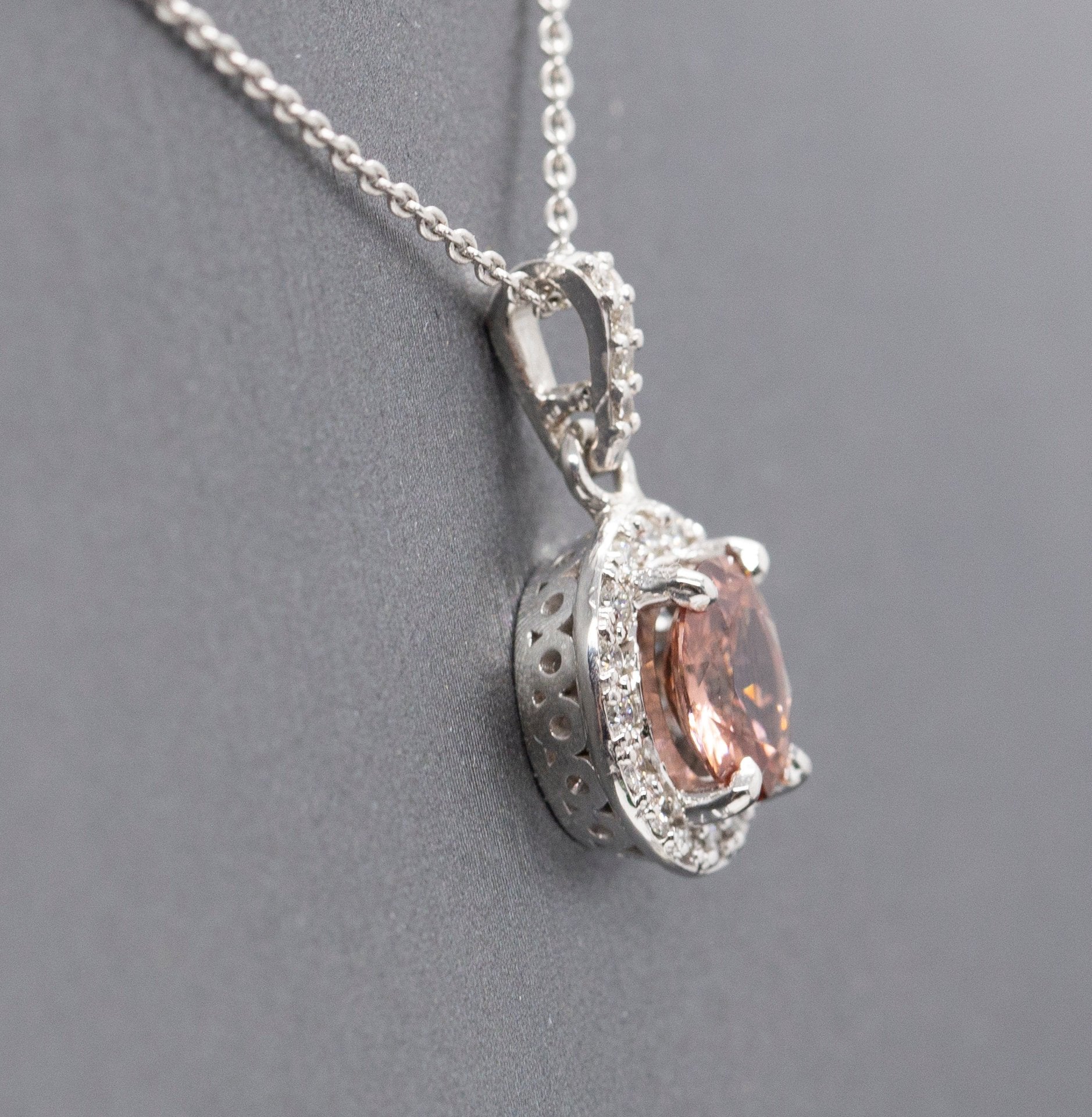 Handcrafted Natural Peach Zircon and Diamond Halo Pendant Necklace 14k White Gold
