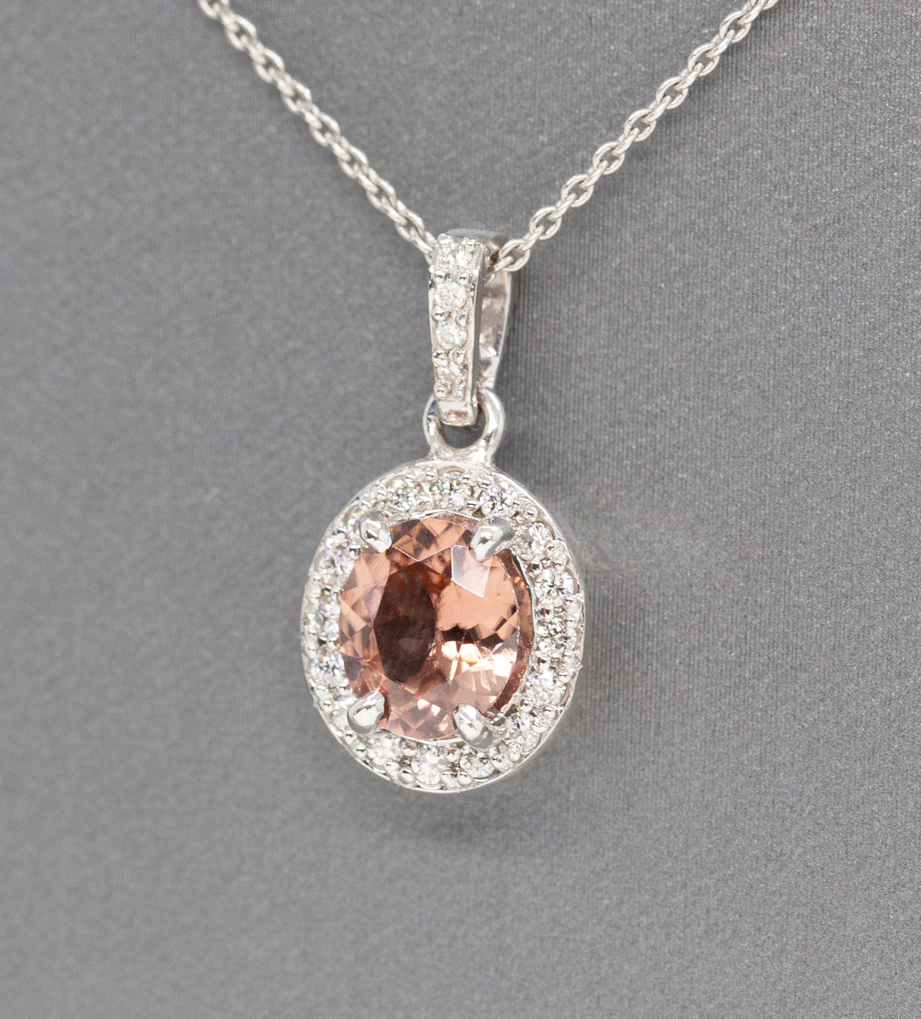 Handcrafted Natural Peach Zircon and Diamond Halo Pendant Necklace 14k White Gold