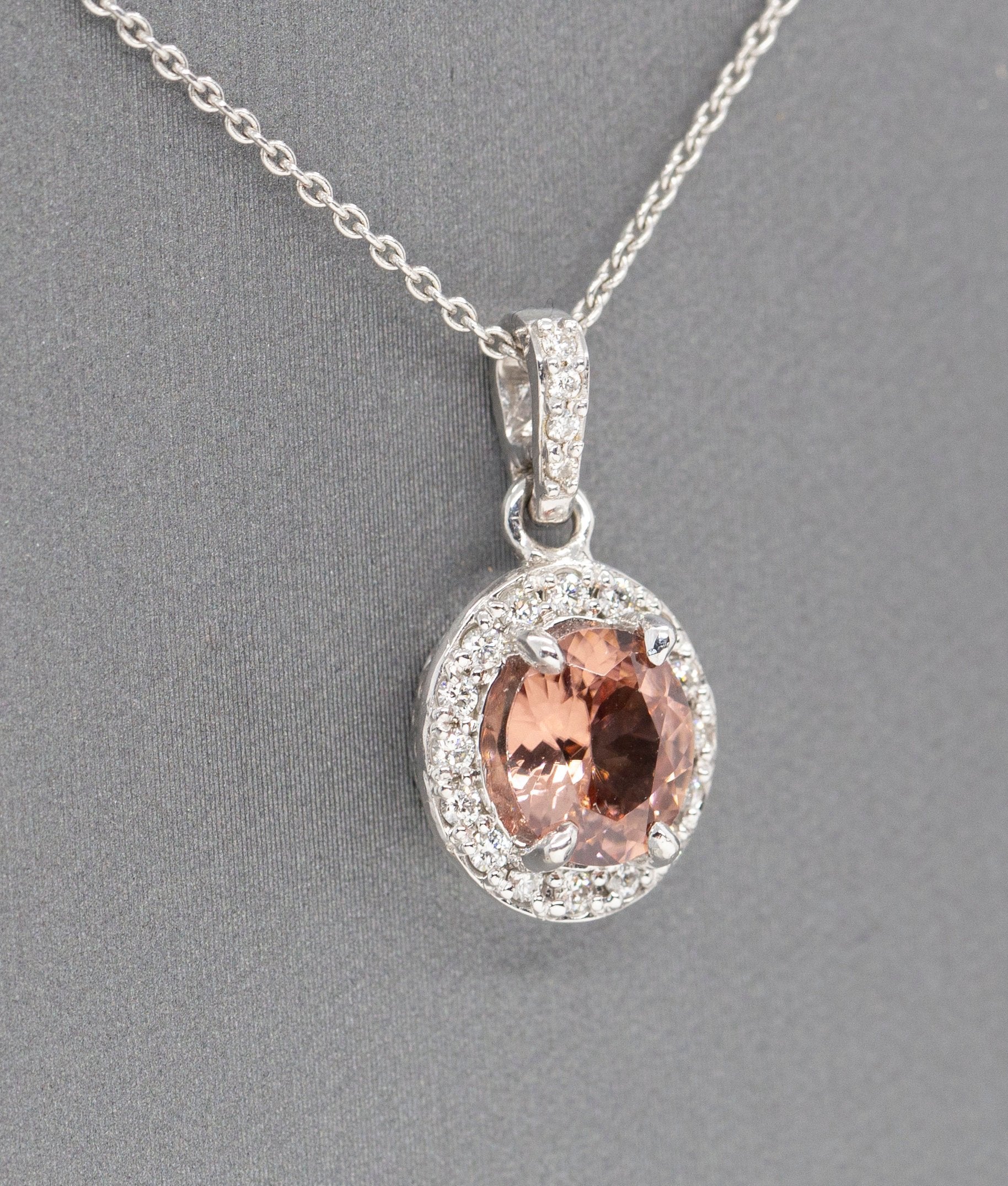 Handcrafted Natural Peach Zircon and Diamond Halo Pendant Necklace 14k White Gold