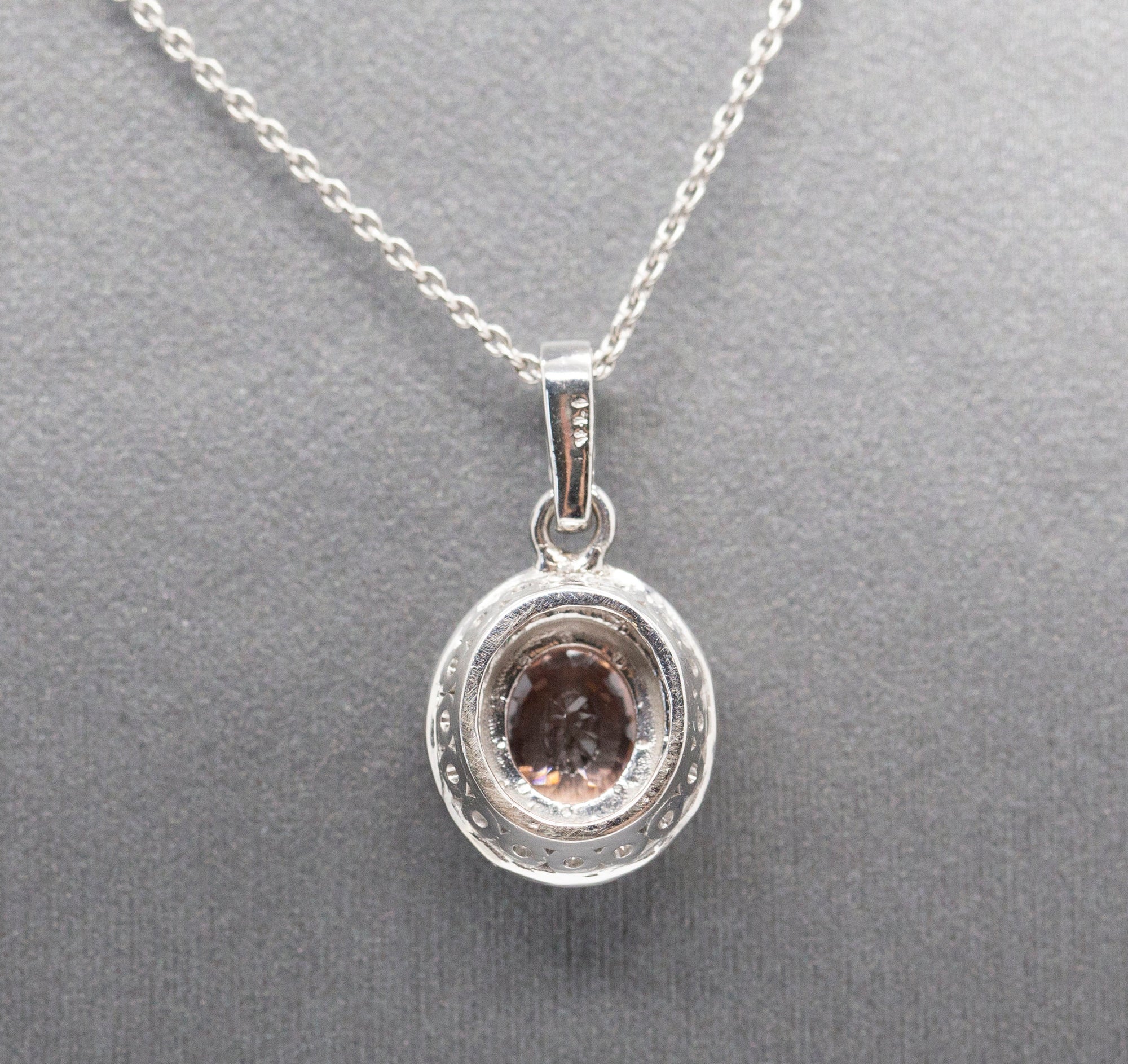 Handcrafted Natural Peach Zircon and Diamond Halo Pendant Necklace 14k White Gold