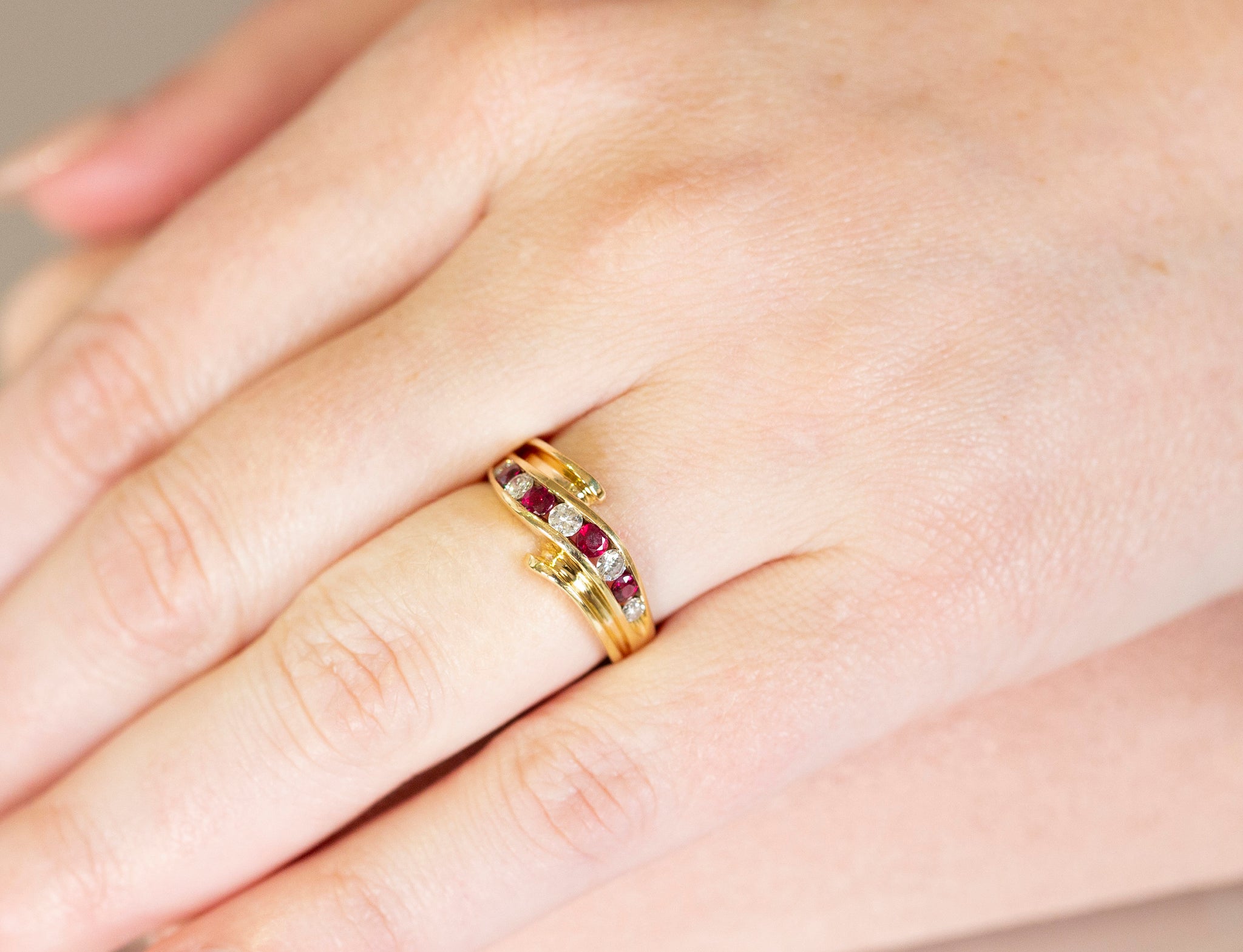 Natural Ruby and Diamond Channel Set Bypass Ring 18k Size 5.75