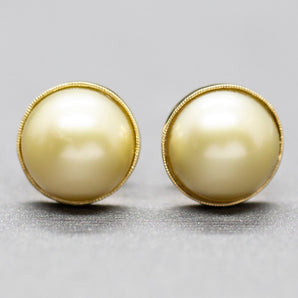 Handcrafted 12mm Golden South Sea Cultured Pearl Stud Earrings 14k Yellow Gold, South Sea Button Earrings, Yellow Pearl, Classic Jewelry