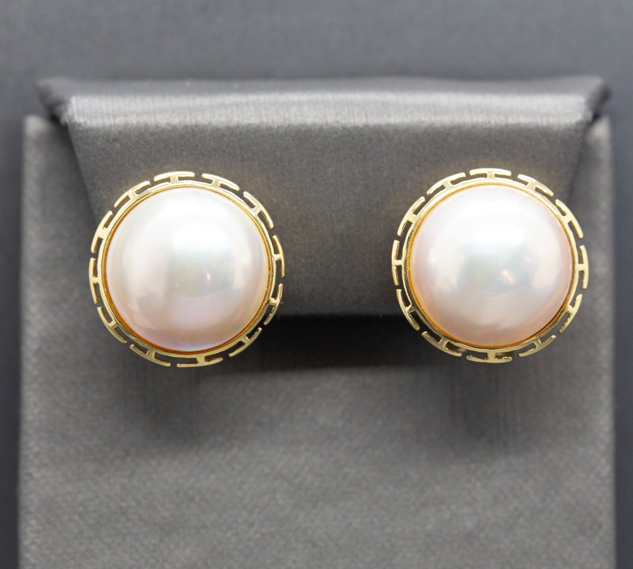 Classic 15mm Mabe Pearl Greek Key Omega Back Pierced Earrings