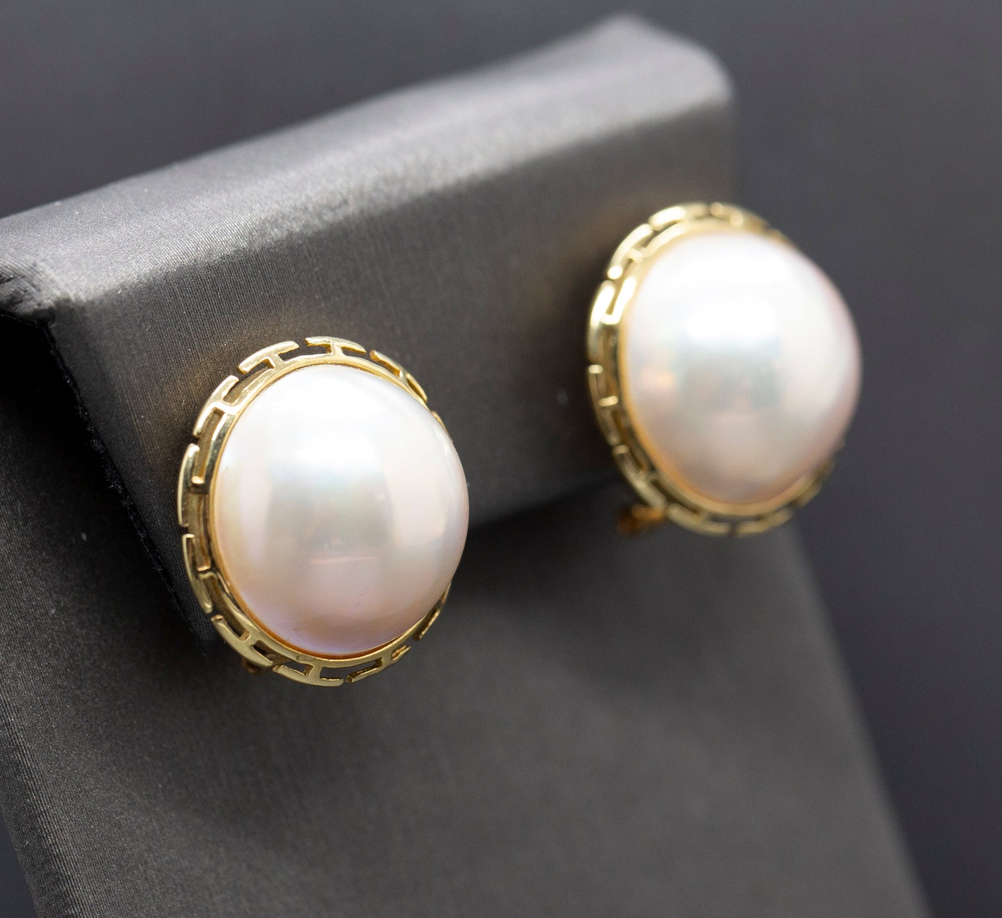 Classic 15mm Mabe Pearl Greek Key Omega Back Pierced Earrings