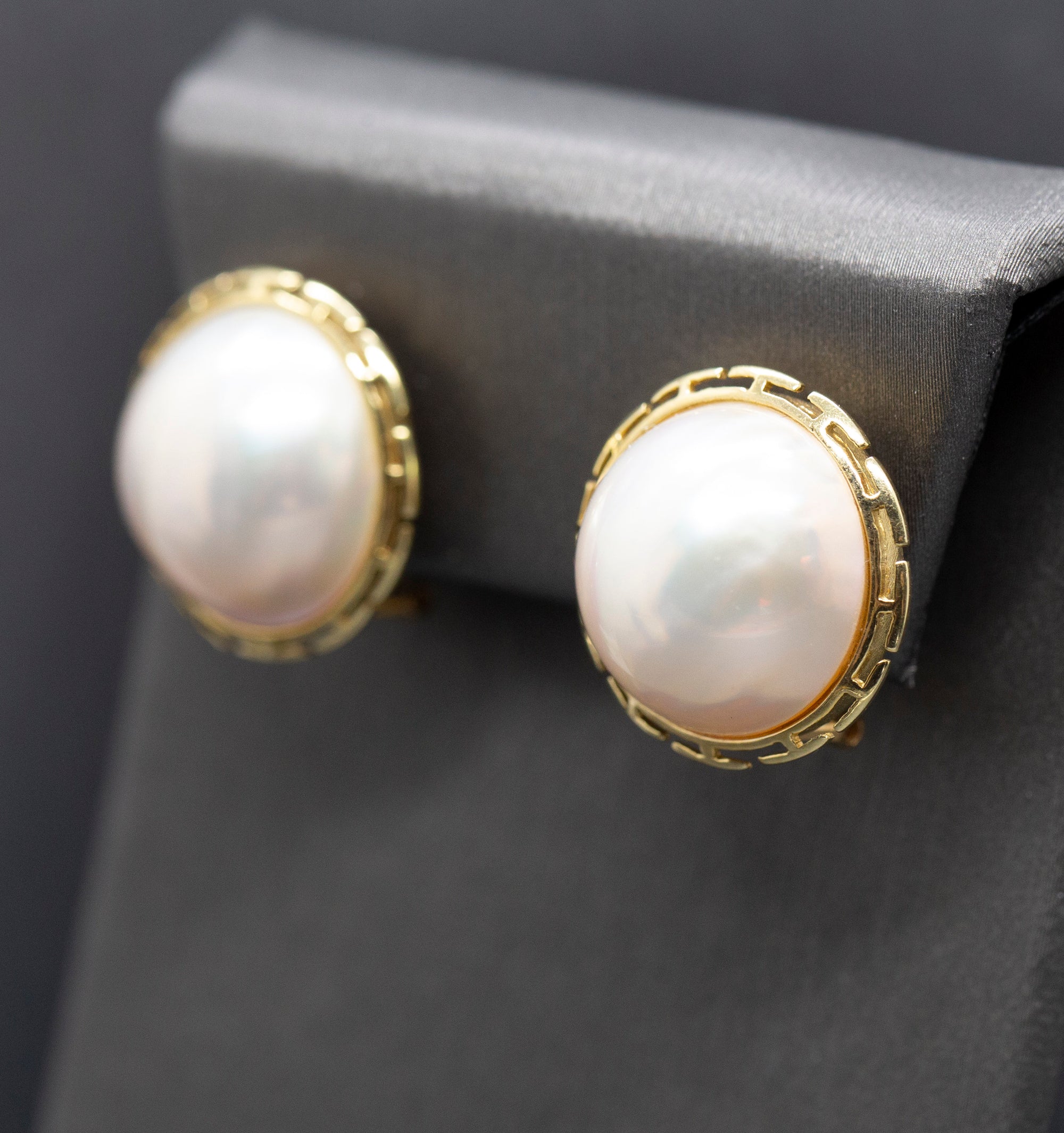 Classic 15mm Mabe Pearl Greek Key Omega Back Pierced Earrings
