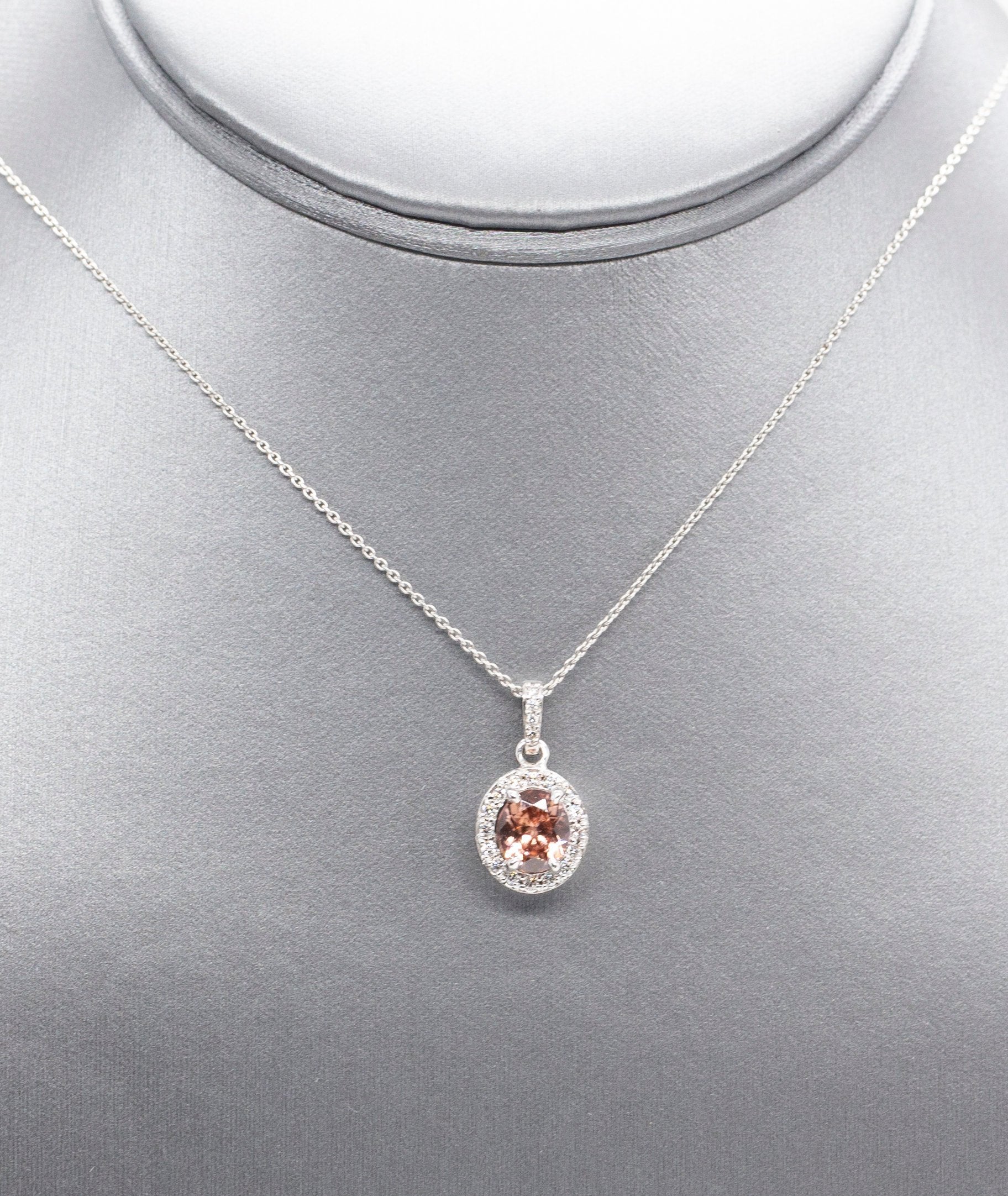 Handcrafted Natural Peach Zircon and Diamond Halo Pendant Necklace 14k White Gold