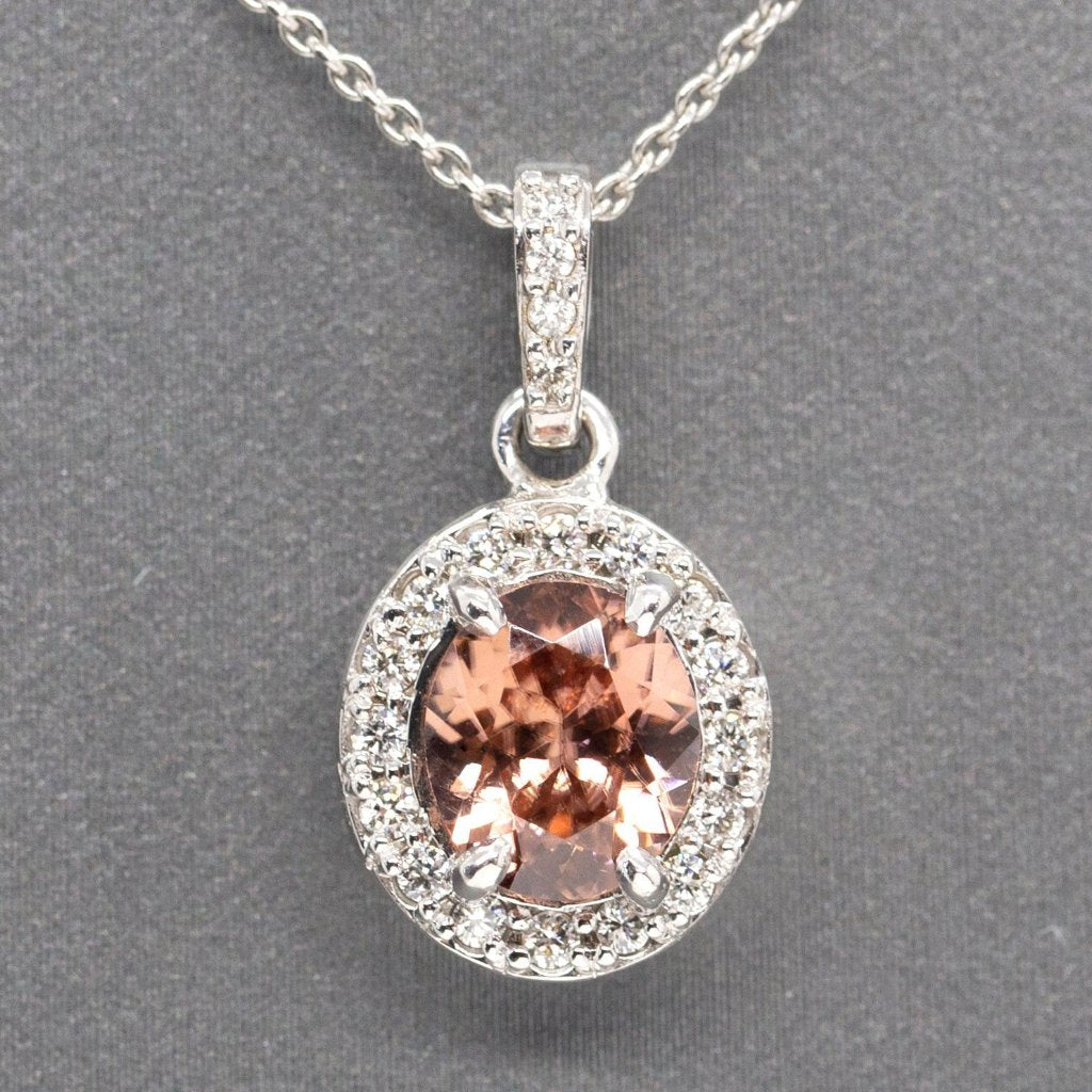 Handcrafted Natural Peach Zircon and Diamond Halo Pendant Necklace 14k, Bellini Zircon, Gemstone Necklace, December Birthstone, Gift for Her