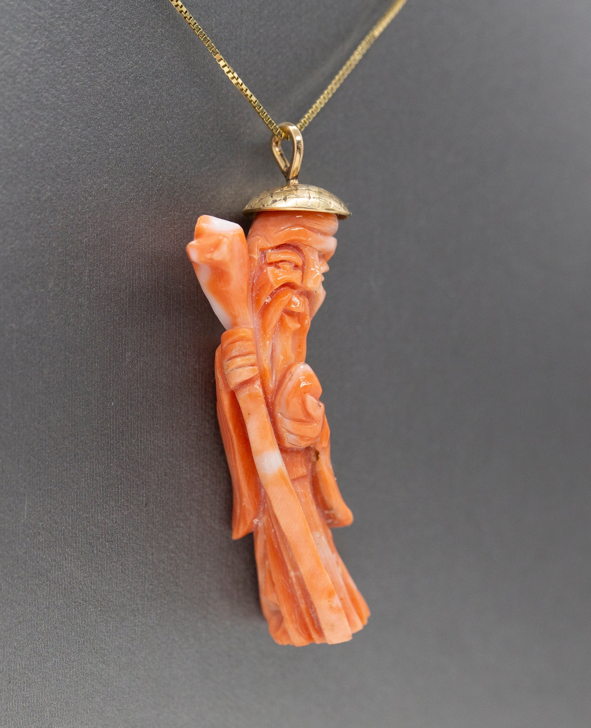 Vintage Carved Natural Coral Ancient Chinese God Pendant Necklace in 14k Yellow Gold
