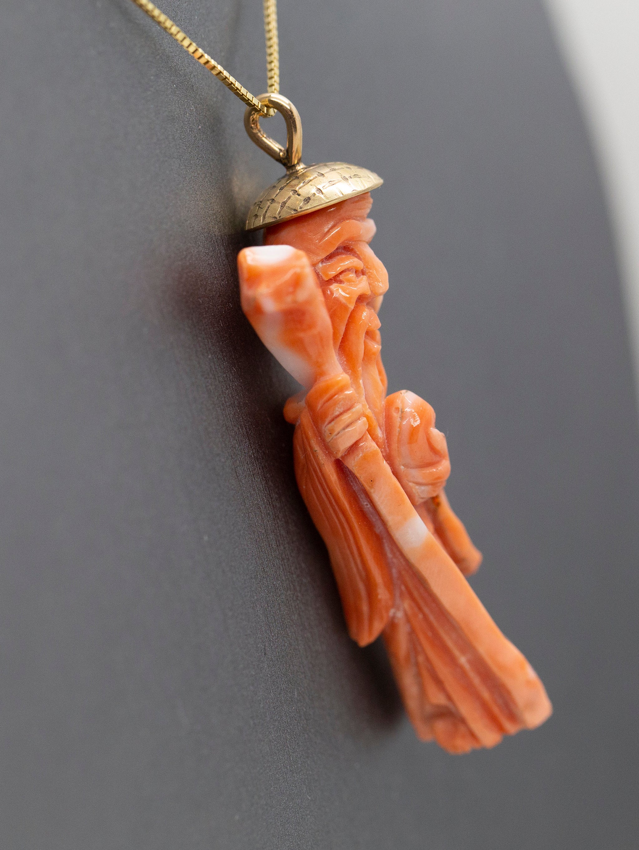 Vintage Carved Natural Coral Ancient Chinese God Pendant Necklace in 14k Yellow Gold