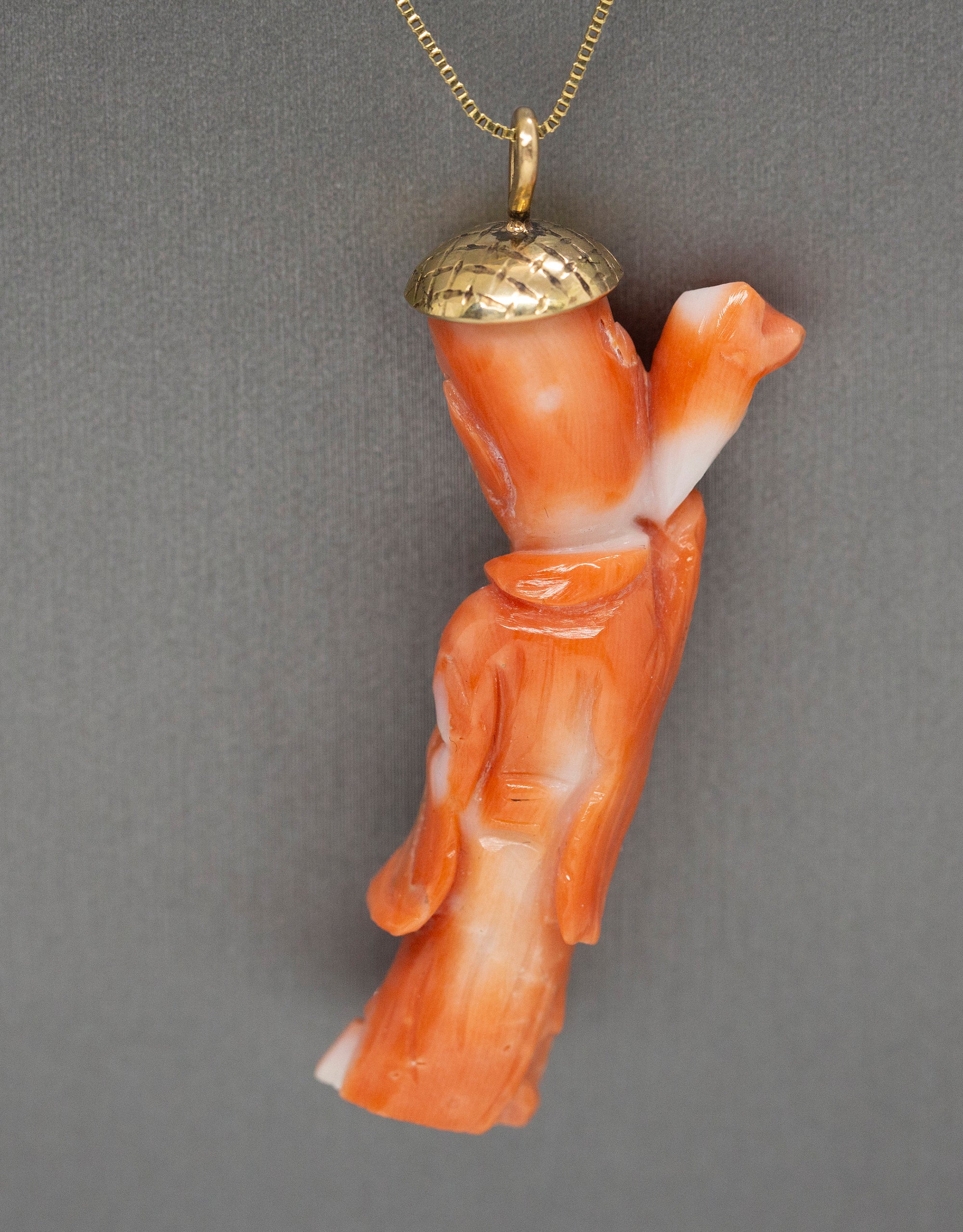 Vintage Carved Natural Coral Ancient Chinese God Pendant Necklace in 14k Yellow Gold