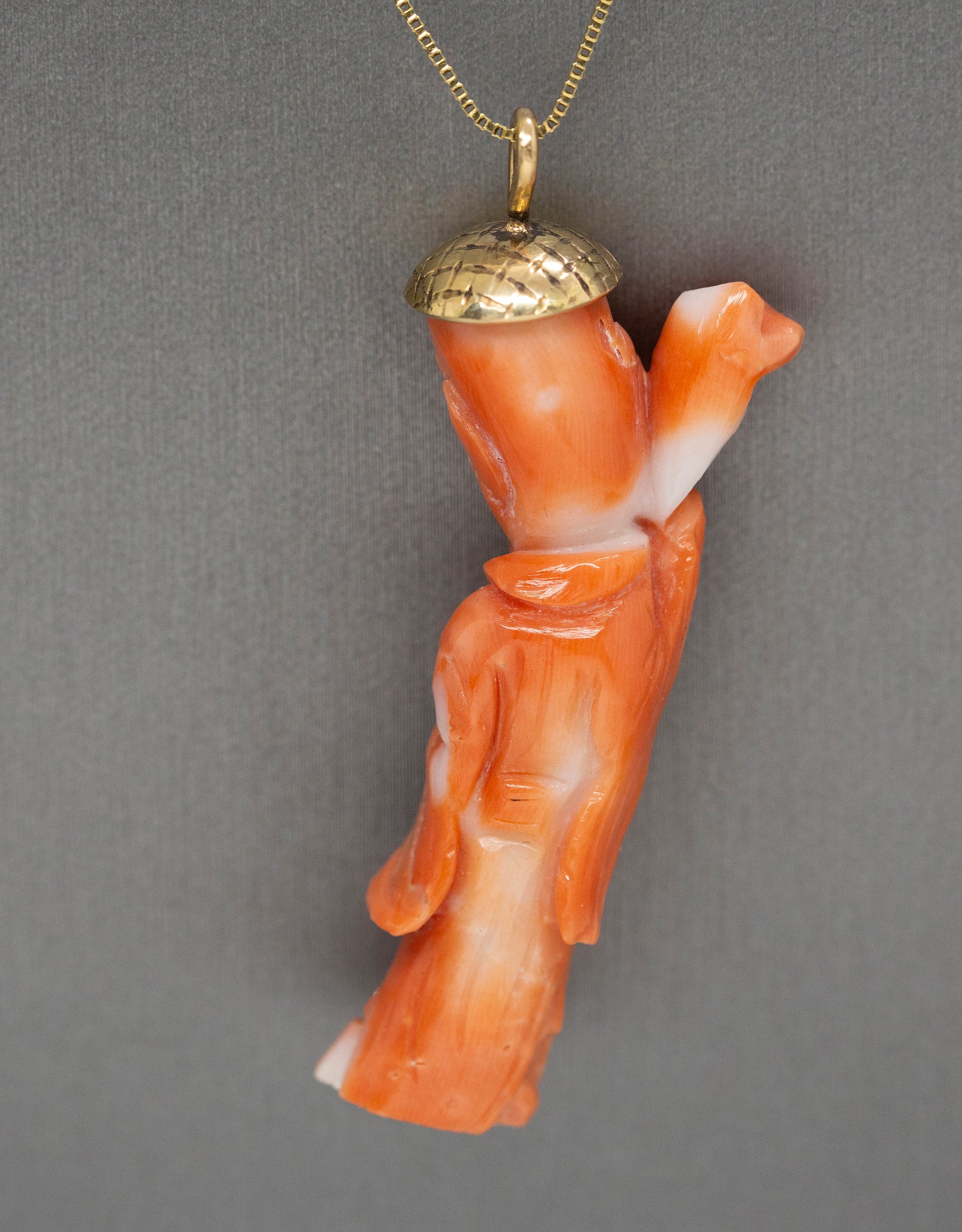Vintage Carved Natural Coral Ancient Chinese God Pendant Necklace in 14k Yellow Gold
