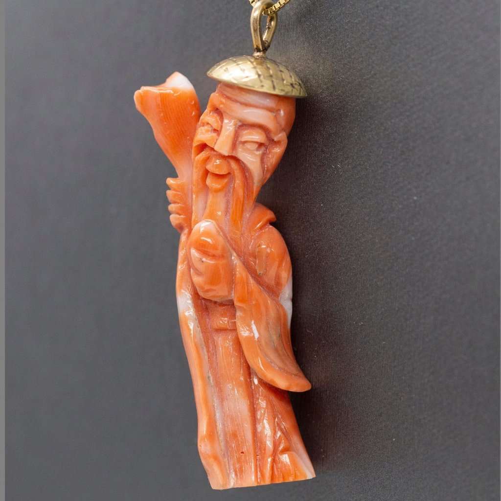Vintage Carved Natural Coral Ancient Chinese God Pendant Necklace in 14k Yellow, Carved Coral Wise Man, Asian Coral Pendant, Gift for Her