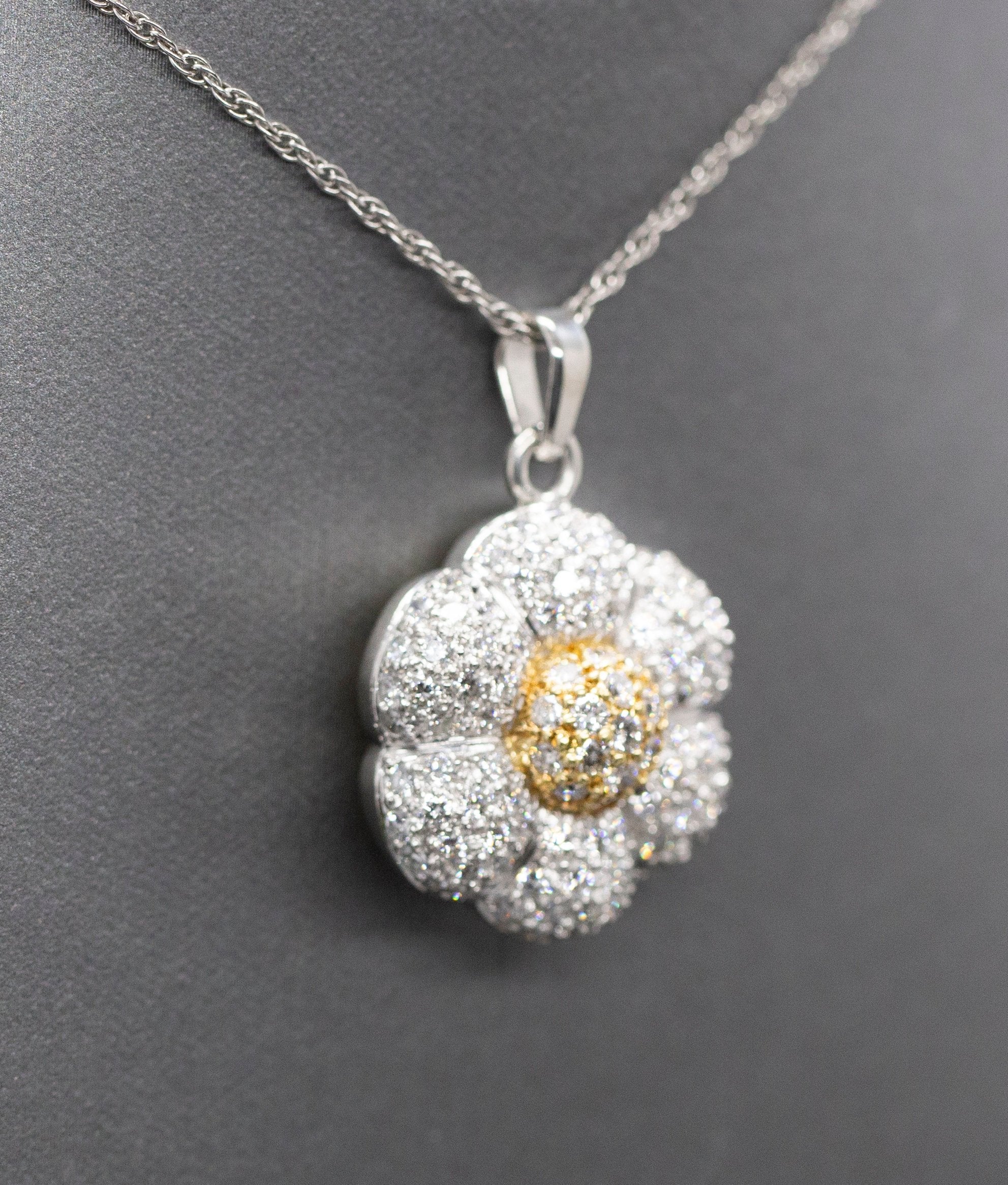 Pave Diamond Flower 3.00ctw Pendant Necklace in 18k Yellow Gold and Platinum