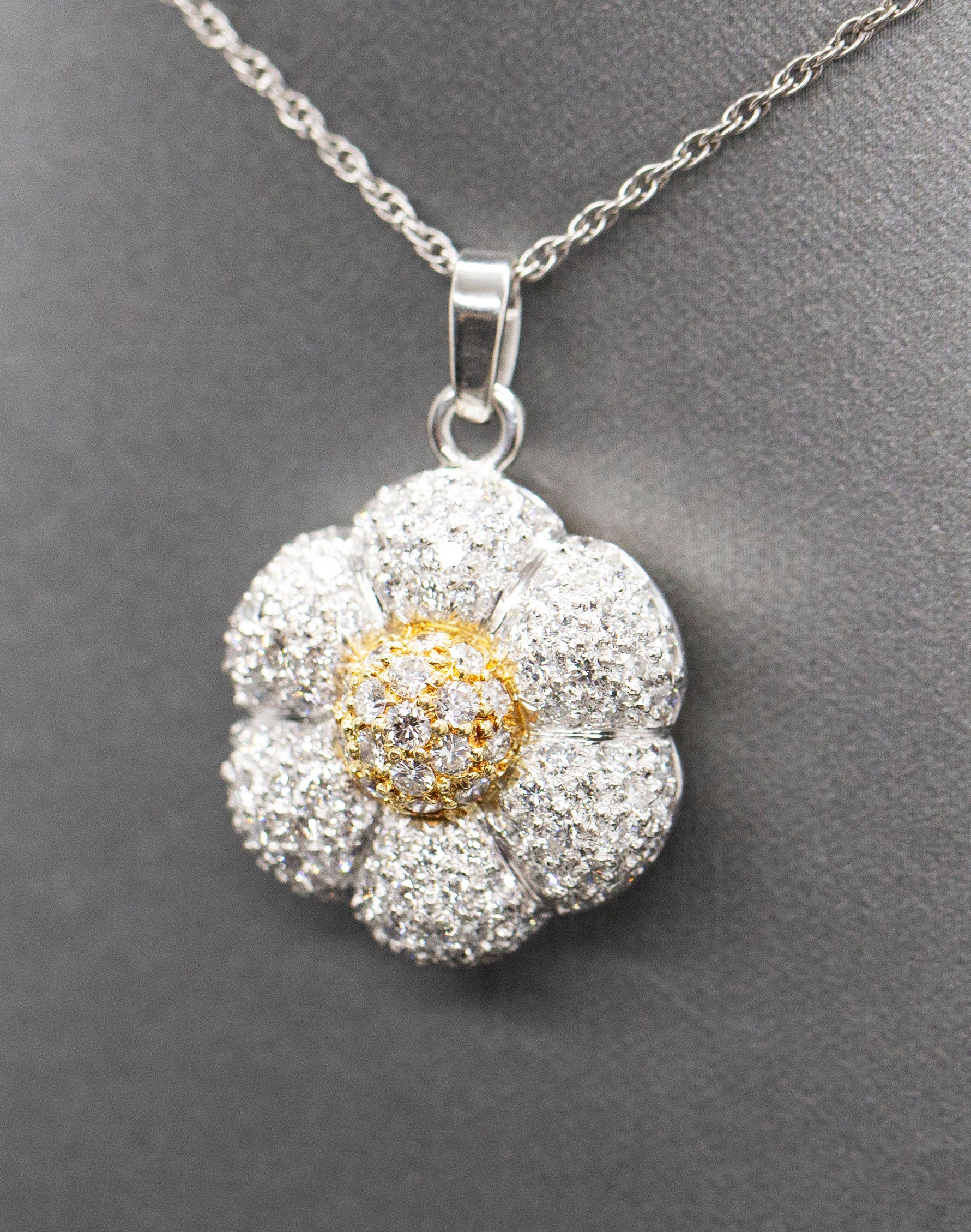 Pave Diamond Flower 3.00ctw Pendant Necklace in 18k Yellow Gold and Platinum