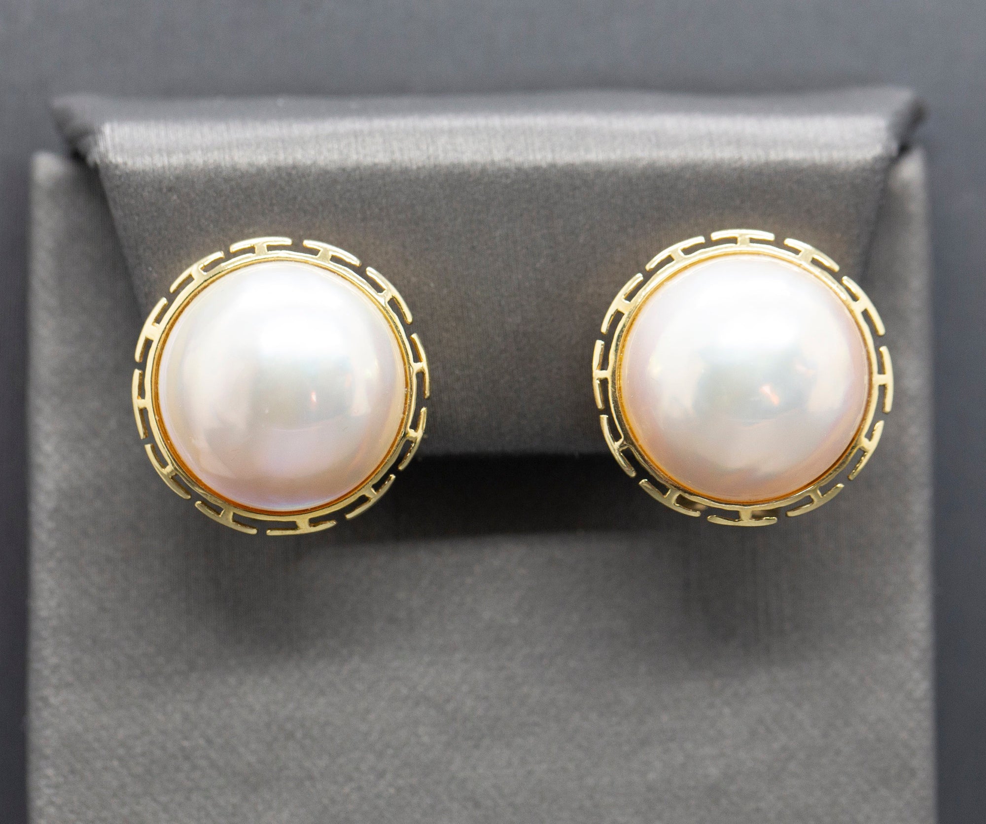 Classic 15mm Mabe Pearl Greek Key Omega Back Pierced Earrings