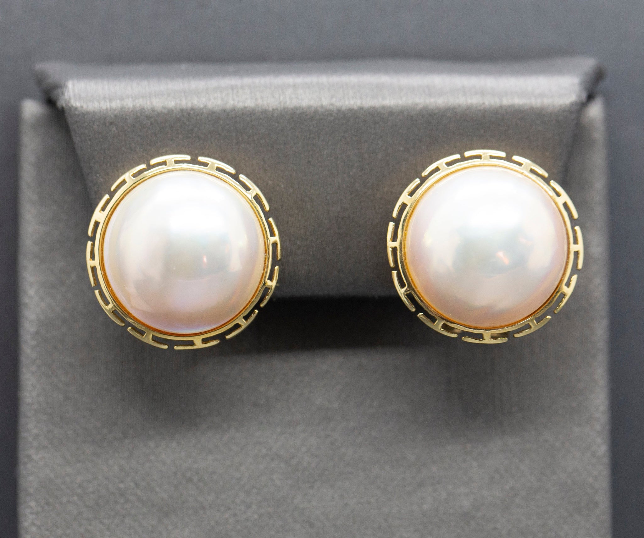 Classic 15mm Mabe Pearl Greek Key Omega Back Pierced Earrings