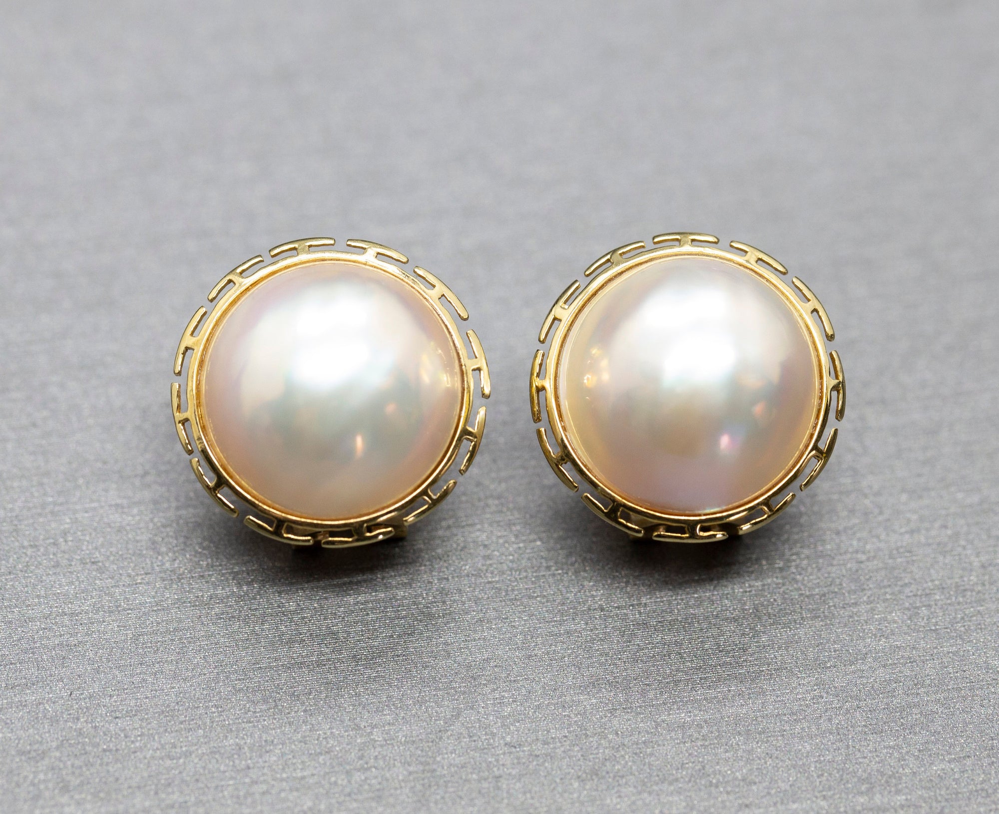 Classic 15mm Mabe Pearl Greek Key Omega Back Pierced Earrings