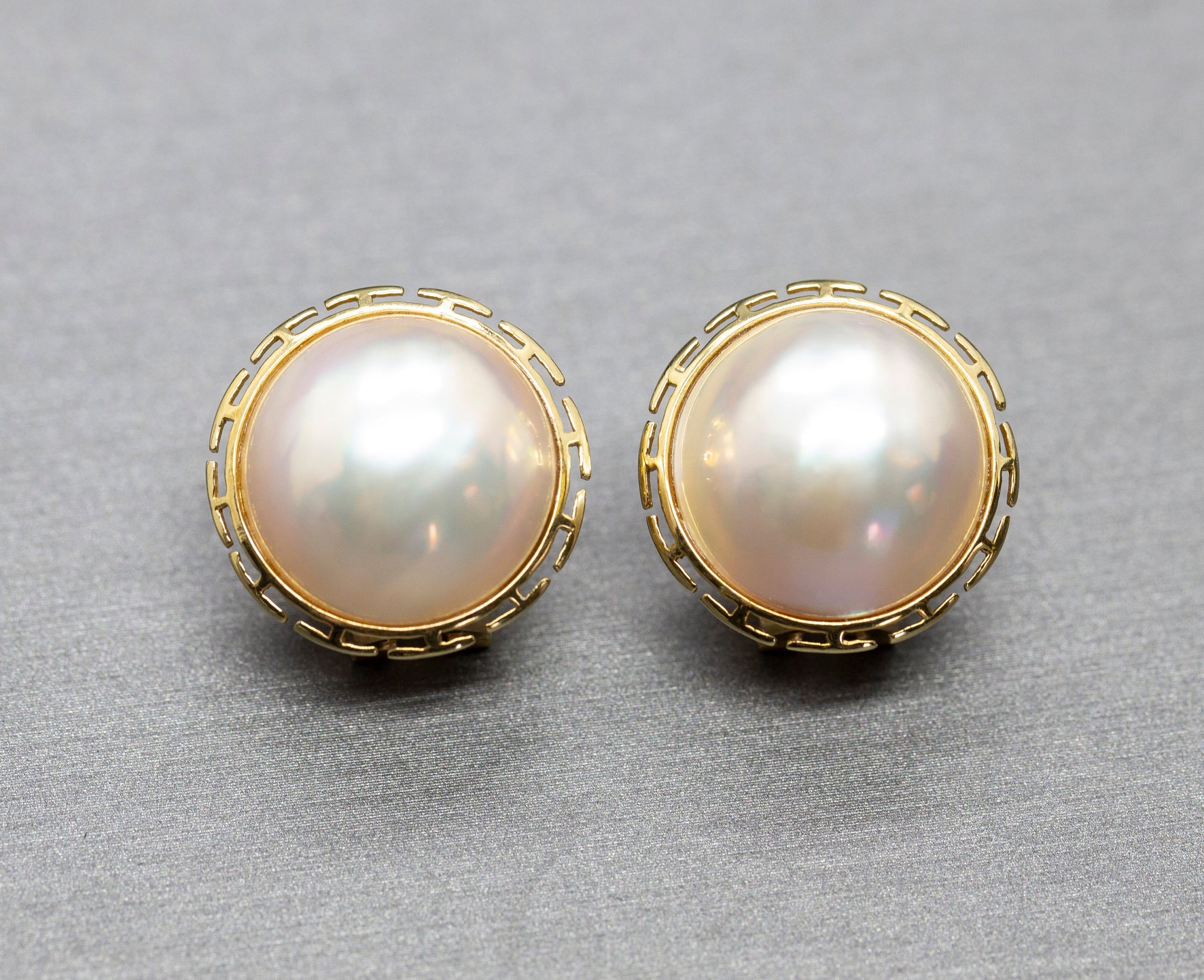 Classic 15mm Mabe Pearl Greek Key Omega Back Pierced Earrings