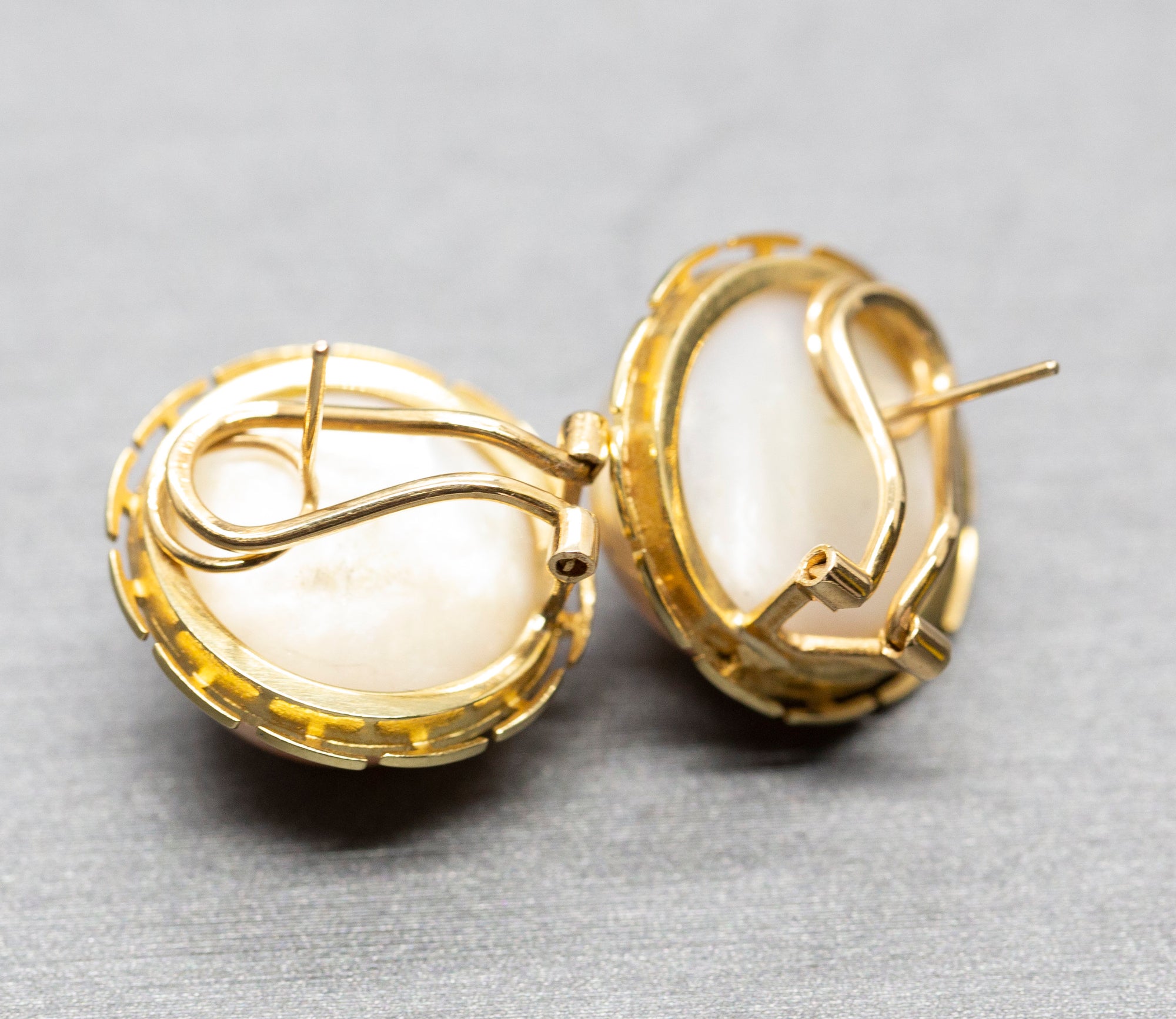 Classic 15mm Mabe Pearl Greek Key Omega Back Pierced Earrings