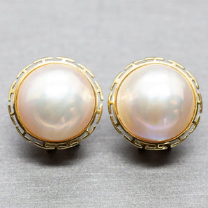Classic 15mm Mabe Pearl Greek Key Omega Back Pierced Earrings, Classic Earrings, 14k Button Style Earrings, Luxury Mabe Pearl, Gift for Her