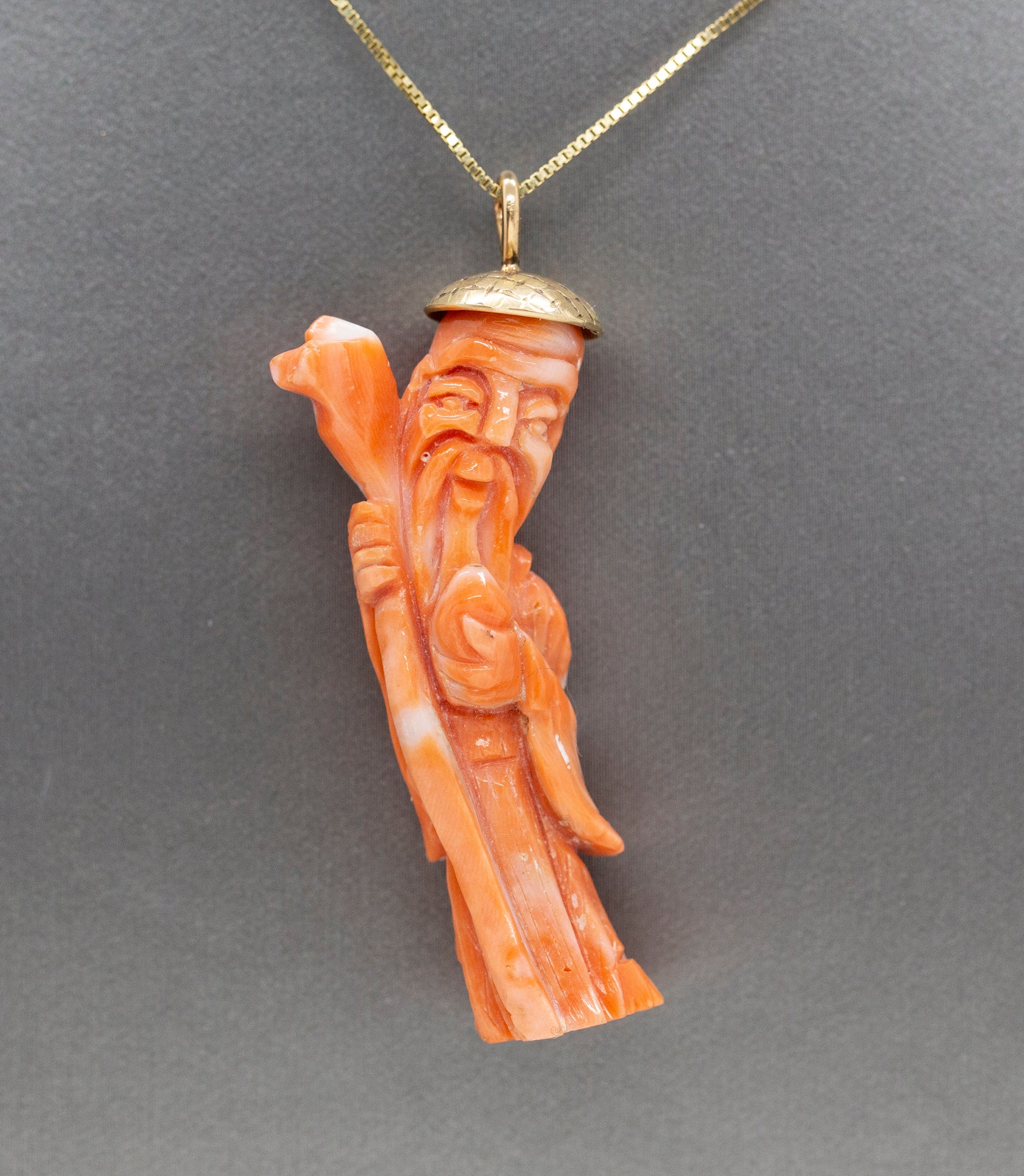 Vintage Carved Natural Coral Ancient Chinese God Pendant Necklace in 14k Yellow Gold