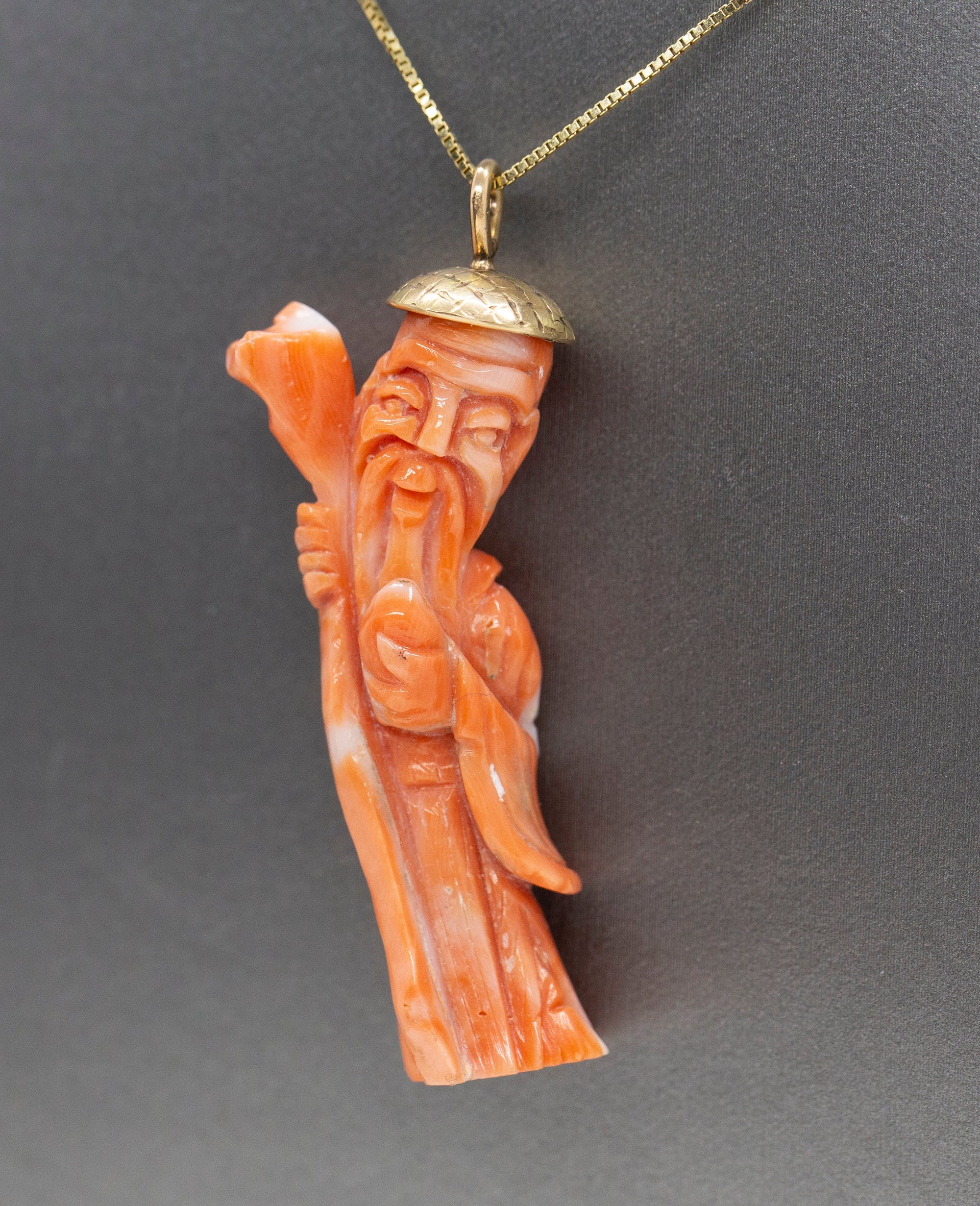 Vintage Carved Natural Coral Ancient Chinese God Pendant Necklace in 14k Yellow Gold