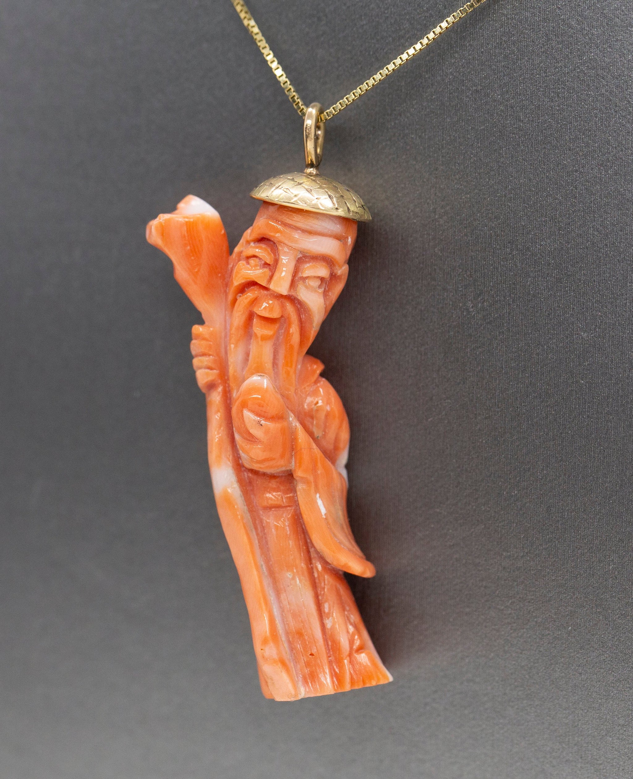 Vintage Carved Natural Coral Ancient Chinese God Pendant Necklace in 14k Yellow Gold