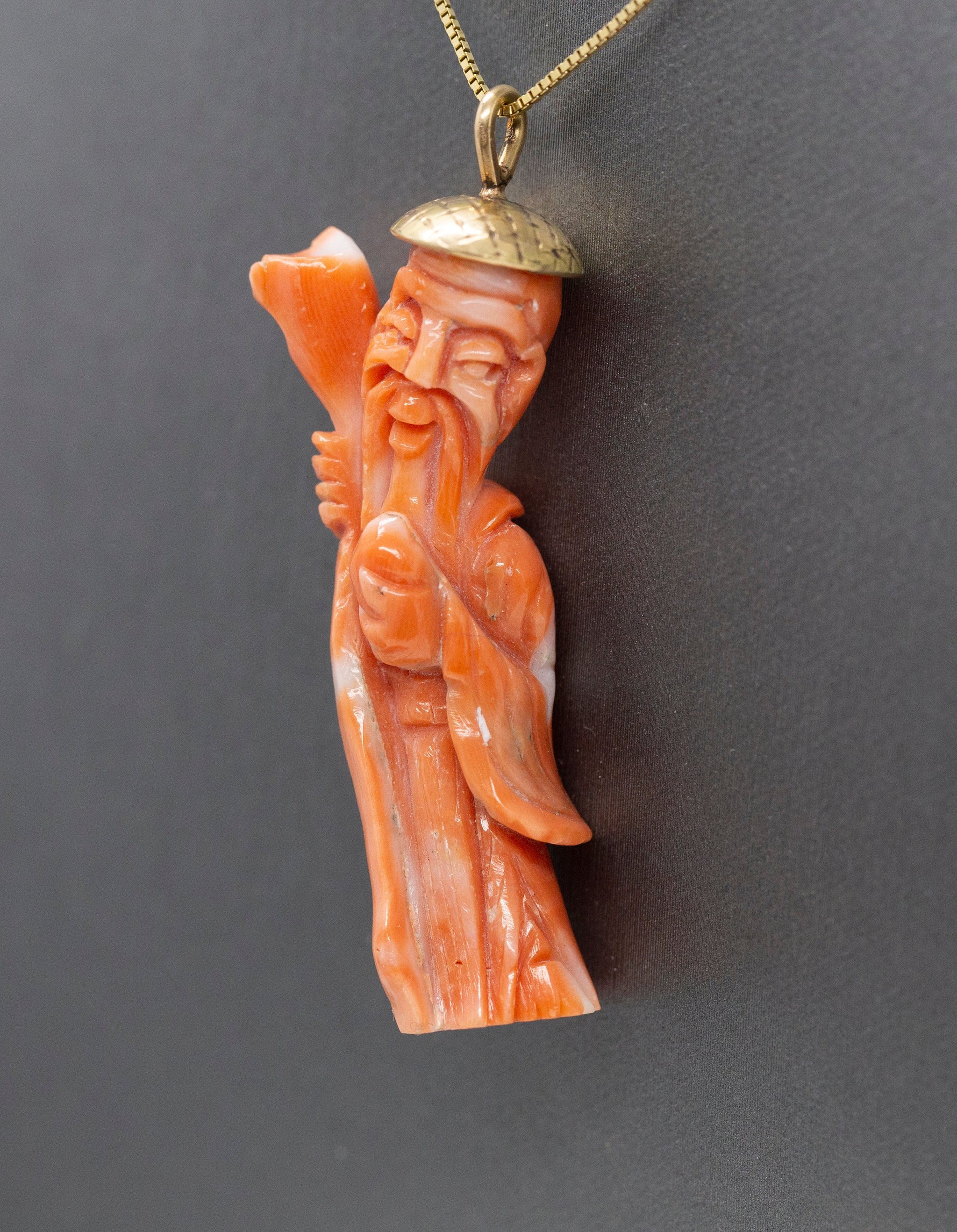 Vintage Carved Natural Coral Ancient Chinese God Pendant Necklace in 14k Yellow Gold