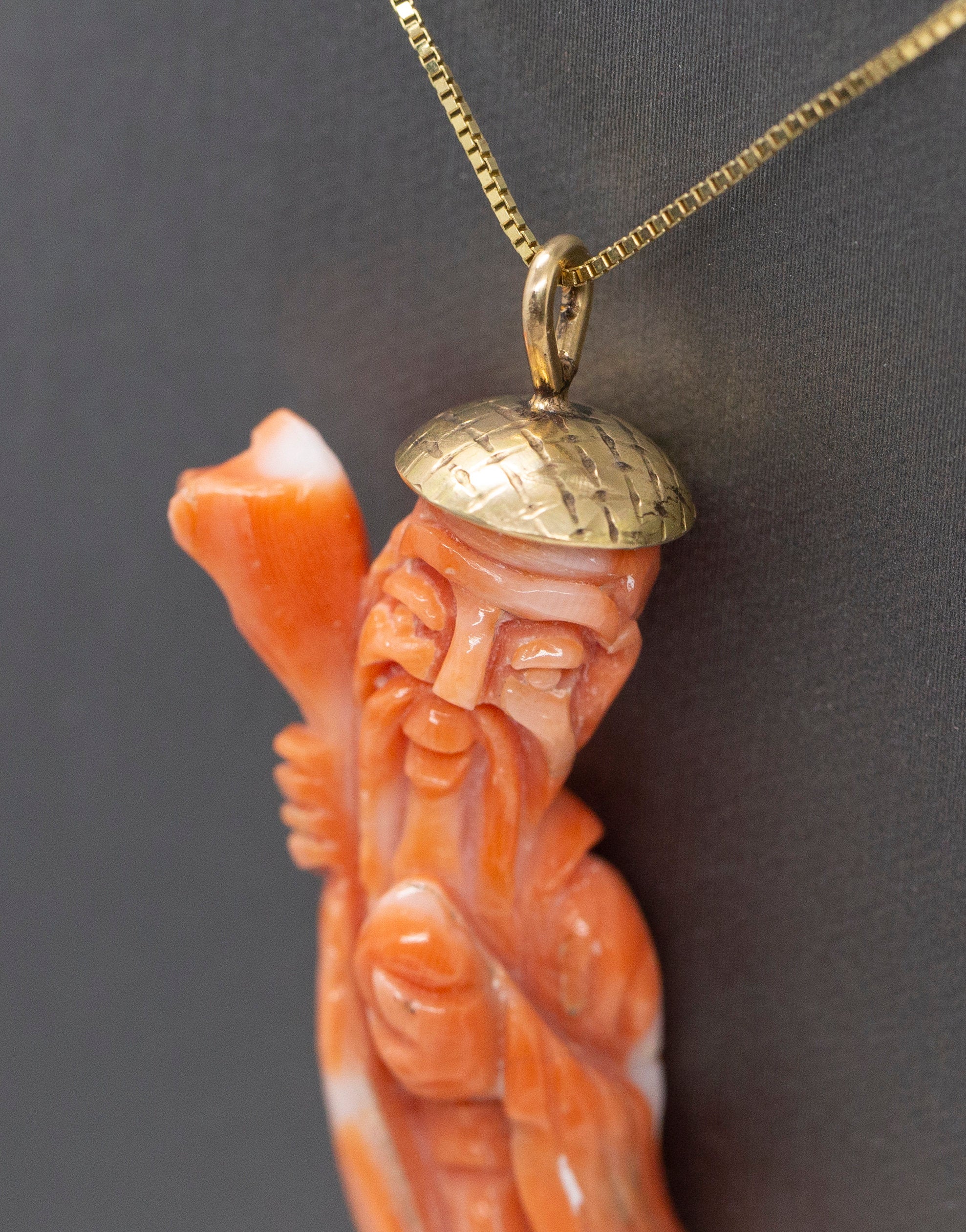 Vintage Carved Natural Coral Ancient Chinese God Pendant Necklace in 14k Yellow Gold