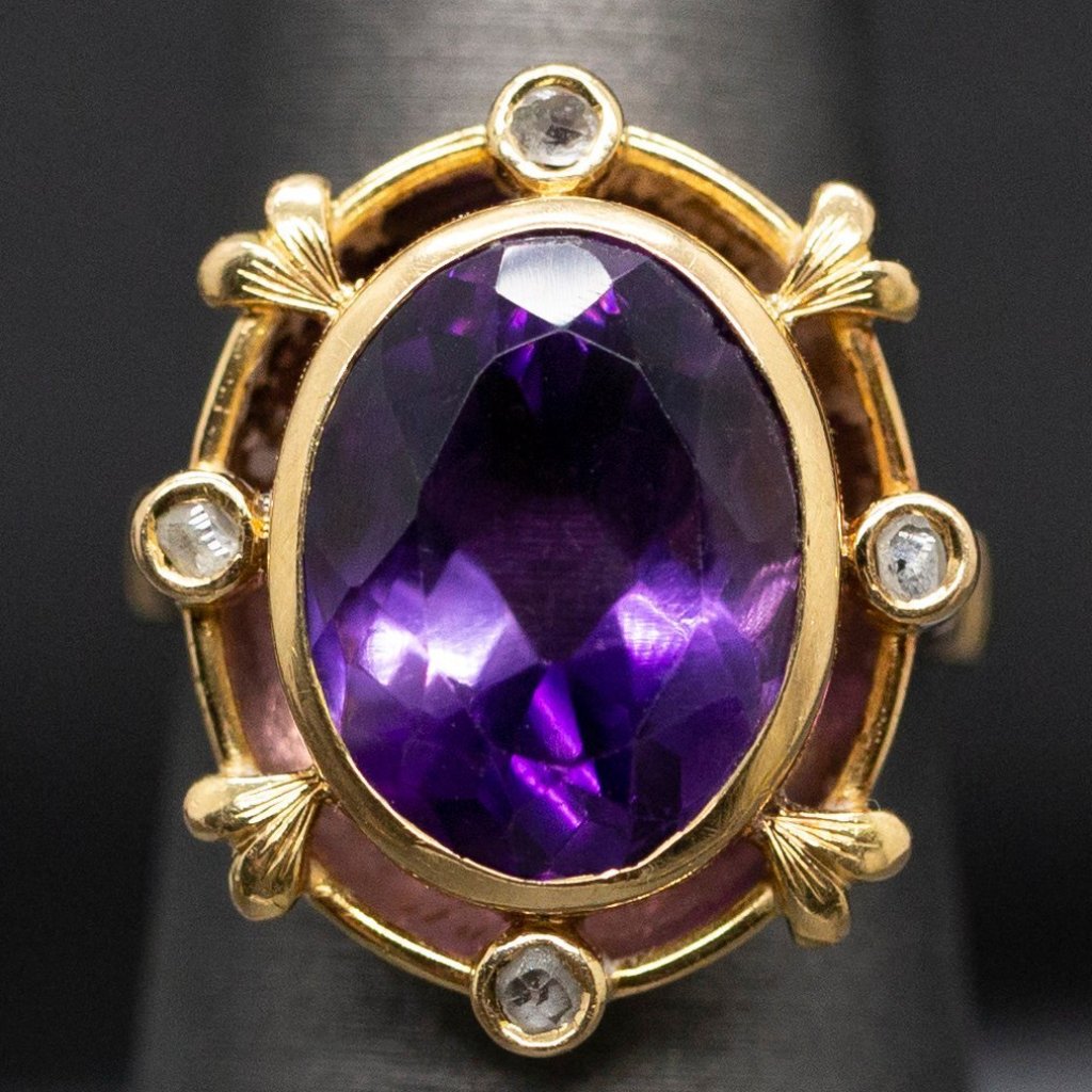 Victorian Amethyst and Diamond Slice Ring in 14k Yellow Gold, Renaissance Revival Ring, Antique Amethyst Cocktail Ring, February Birthstone