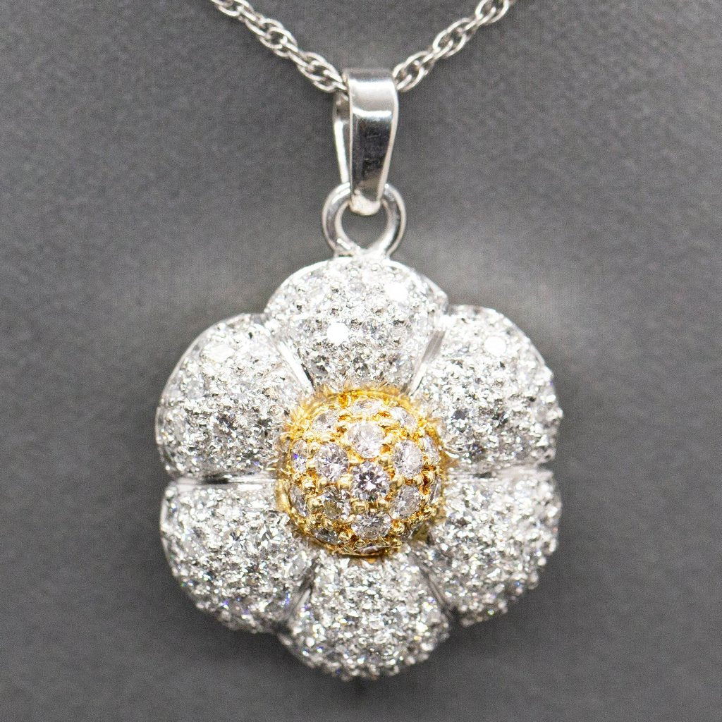 Pave Diamond Flower 3.00ctw Pendant Necklace in 18k Yellow Gold and Platinum