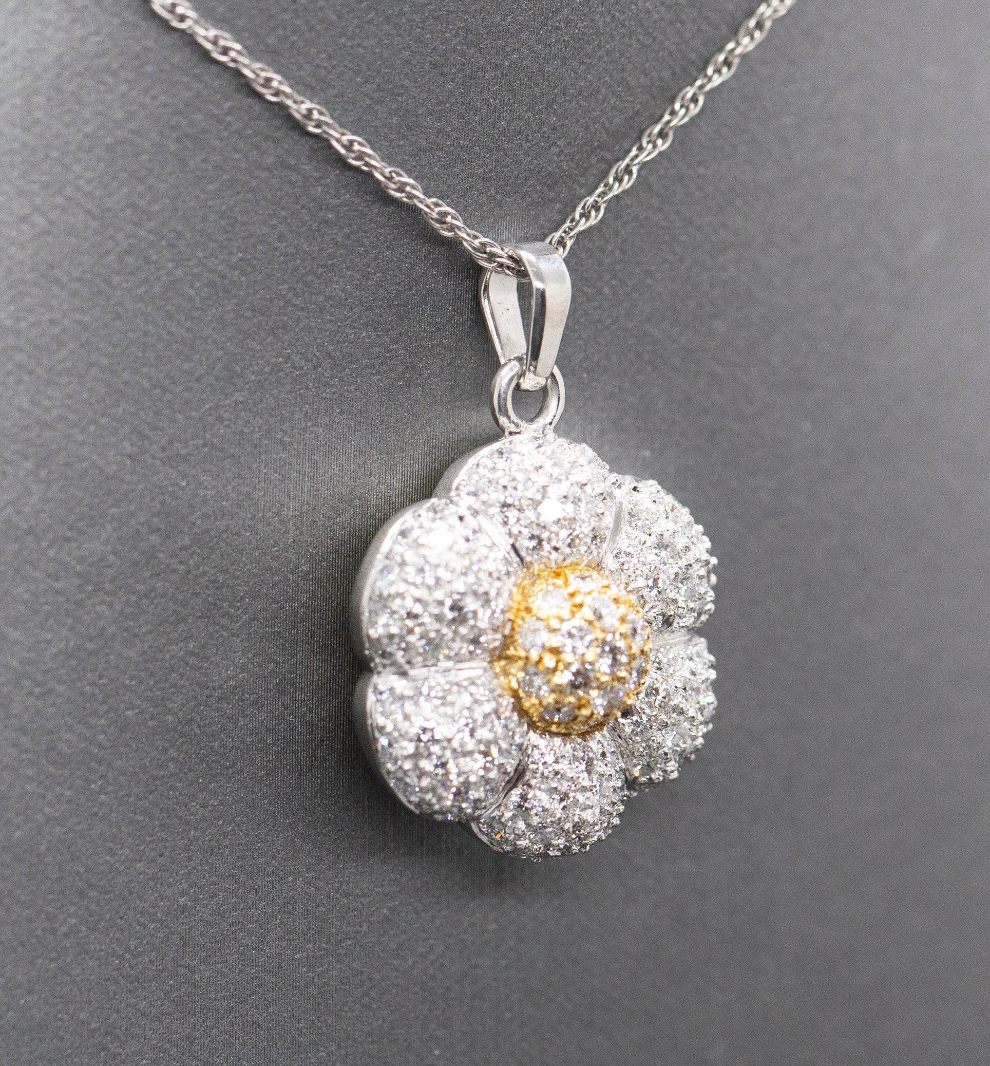 Pave Diamond Flower 3.00ctw Pendant Necklace in 18k Yellow Gold and Platinum