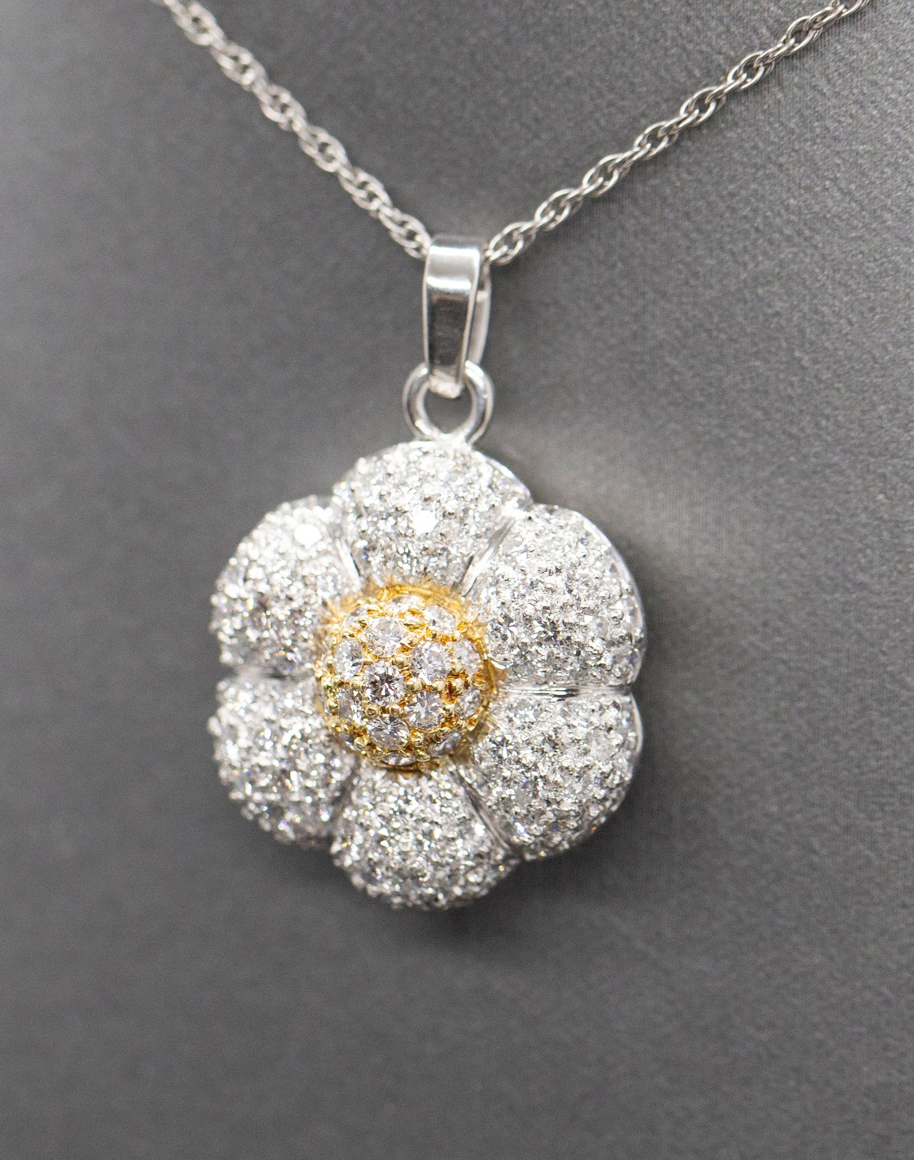Pave Diamond Flower 3.00ctw Pendant Necklace in 18k Yellow Gold and Platinum