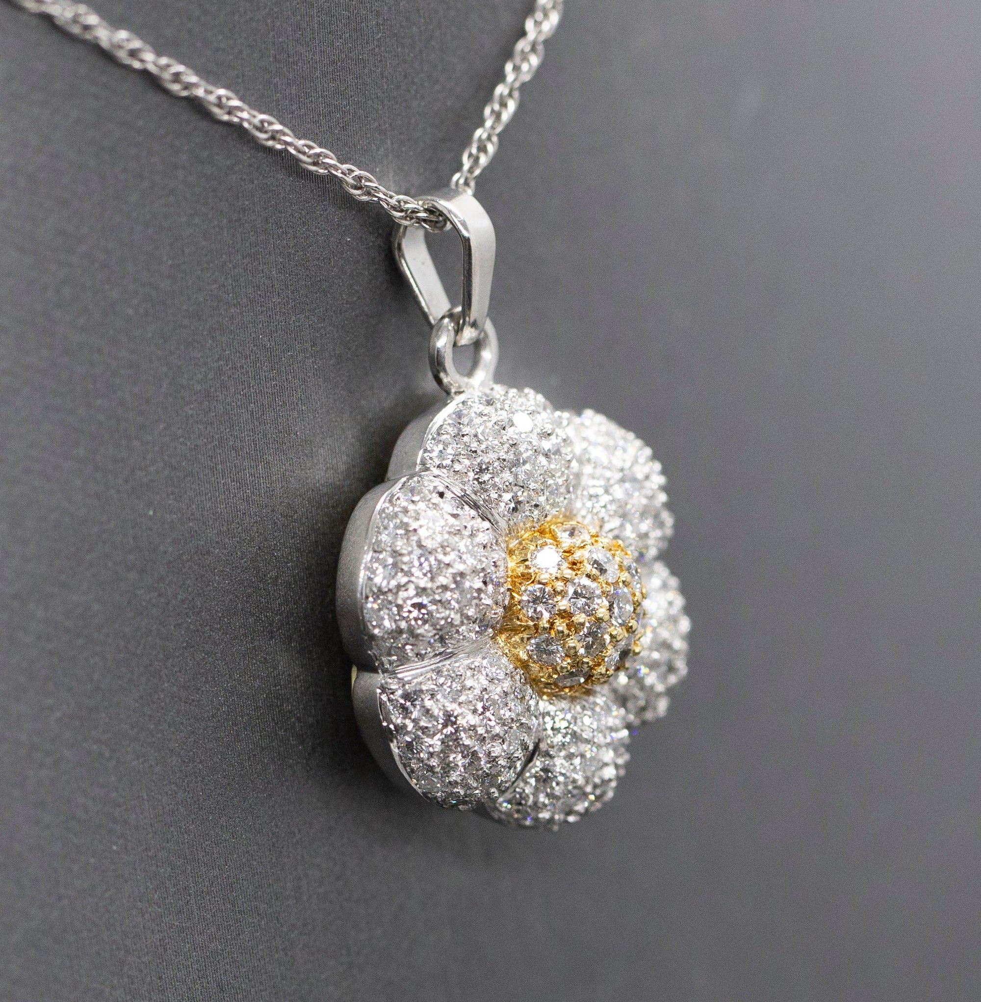 Pave Diamond Flower 3.00ctw Pendant Necklace in 18k Yellow Gold and Platinum