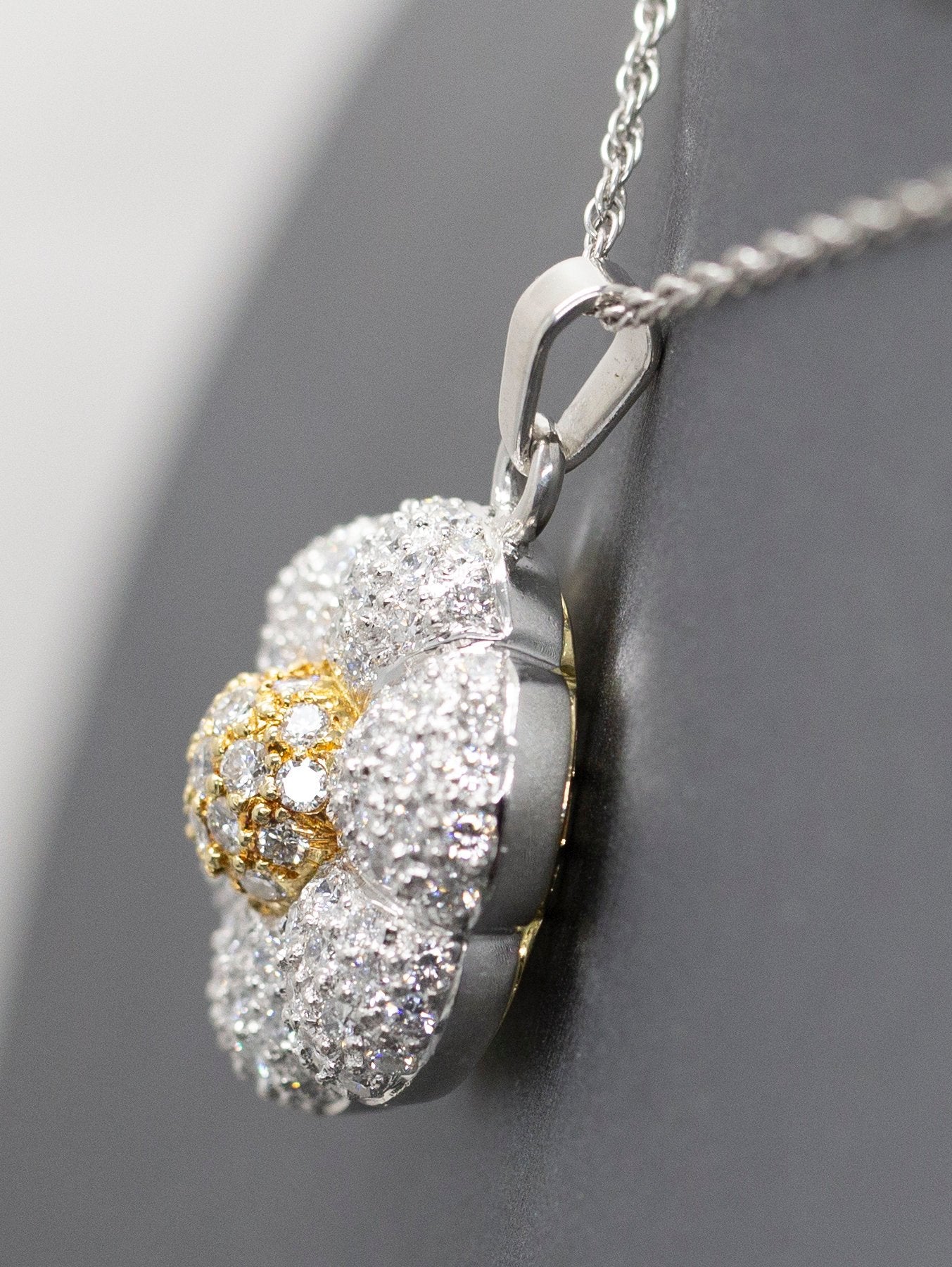 Pave Diamond Flower 3.00ctw Pendant Necklace in 18k Yellow Gold and Platinum