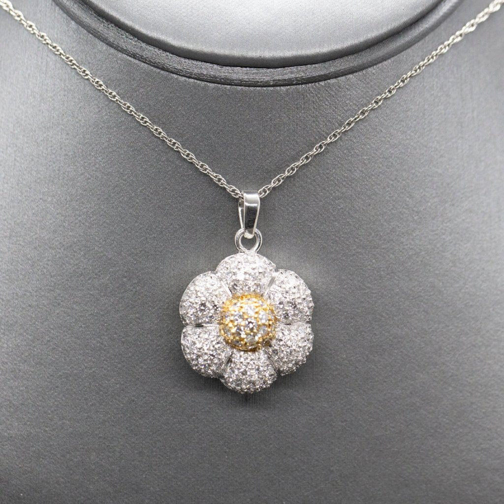 Pave Diamond Flower 3.00ctw Pendant Necklace in 18k Yellow Gold and Platinum